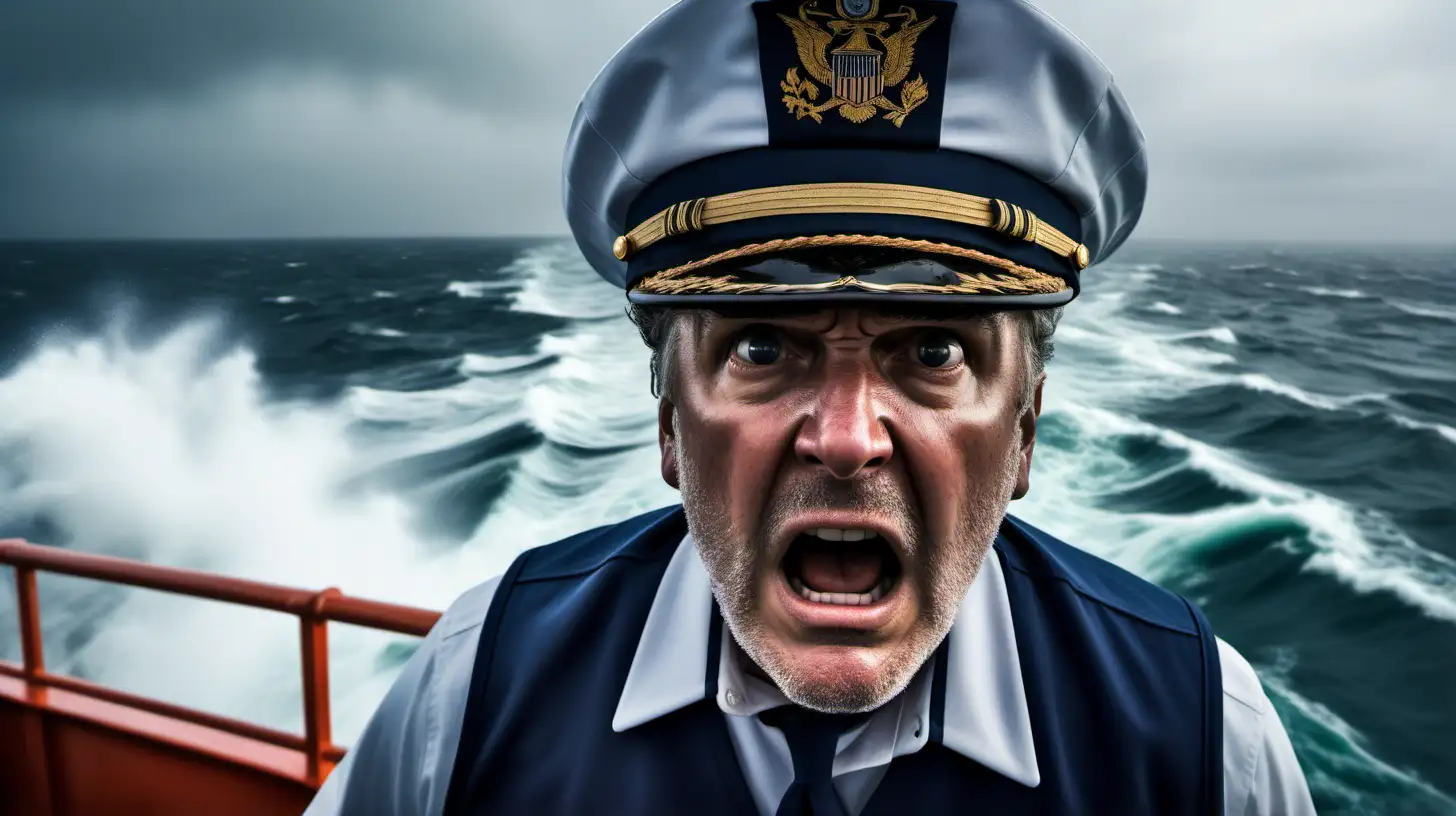 Phot of a close-up of a ferry captain in a state of panic, realizing that the ferry is sinking. Capture the intense emotions on his face, with a backdrop of the chaotic ship's deck and the turbulent ocean.