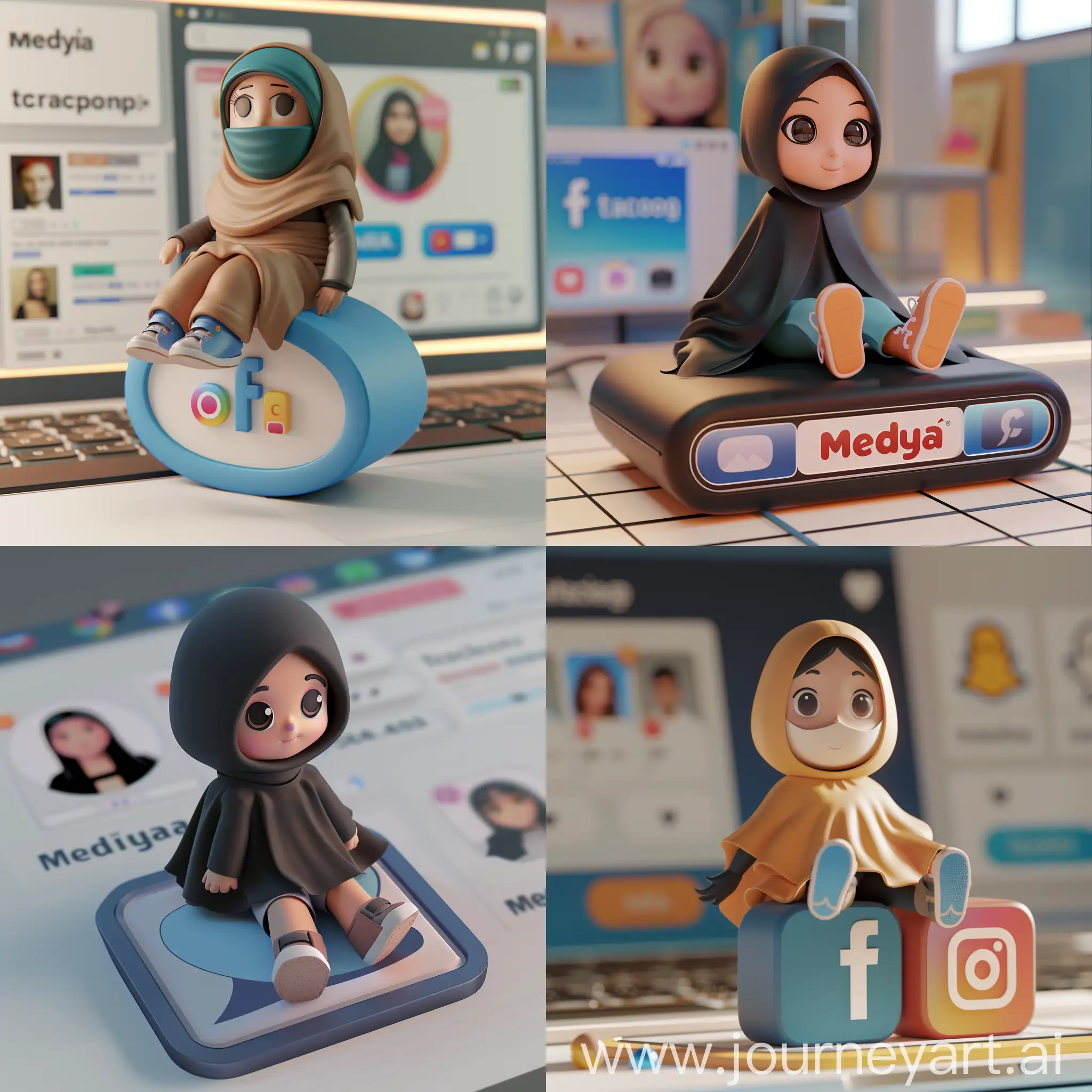 Create a 3D illustration of an animated girel  character sitting casually on top of a social media logo "instagram". The character must wear niqab clothing such shoes. The background of the image is a social media profile page with a user name "Medya" and a profile picture that match.