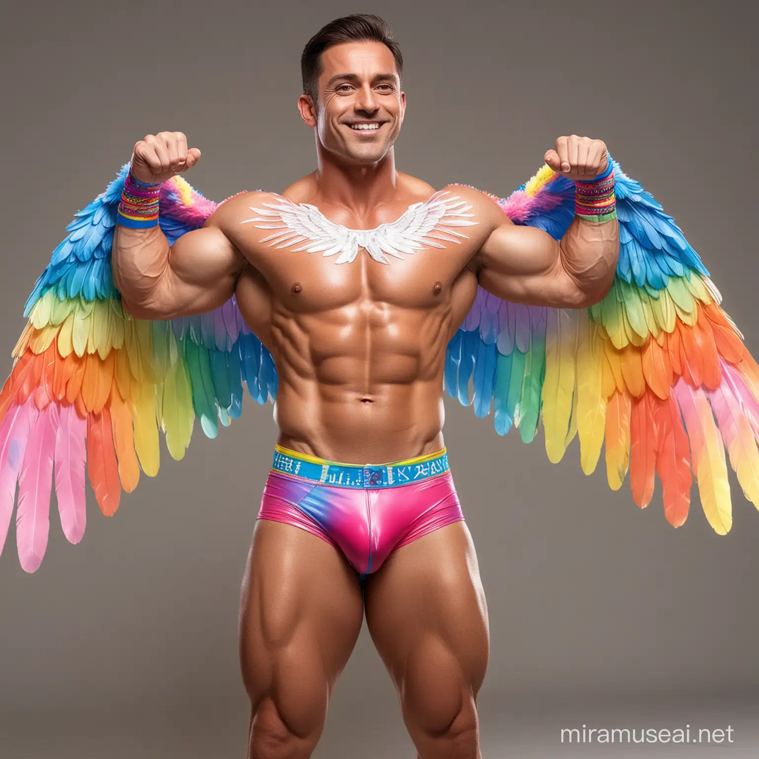 Topless 30s Ultra Beefy IFBB Bodybuilder Man wearing Multi-Highlighter Bright Rainbow Coloured See Through Eagle Wings Jacket short shorts and Flexing Big Strong Arm with Doraemon