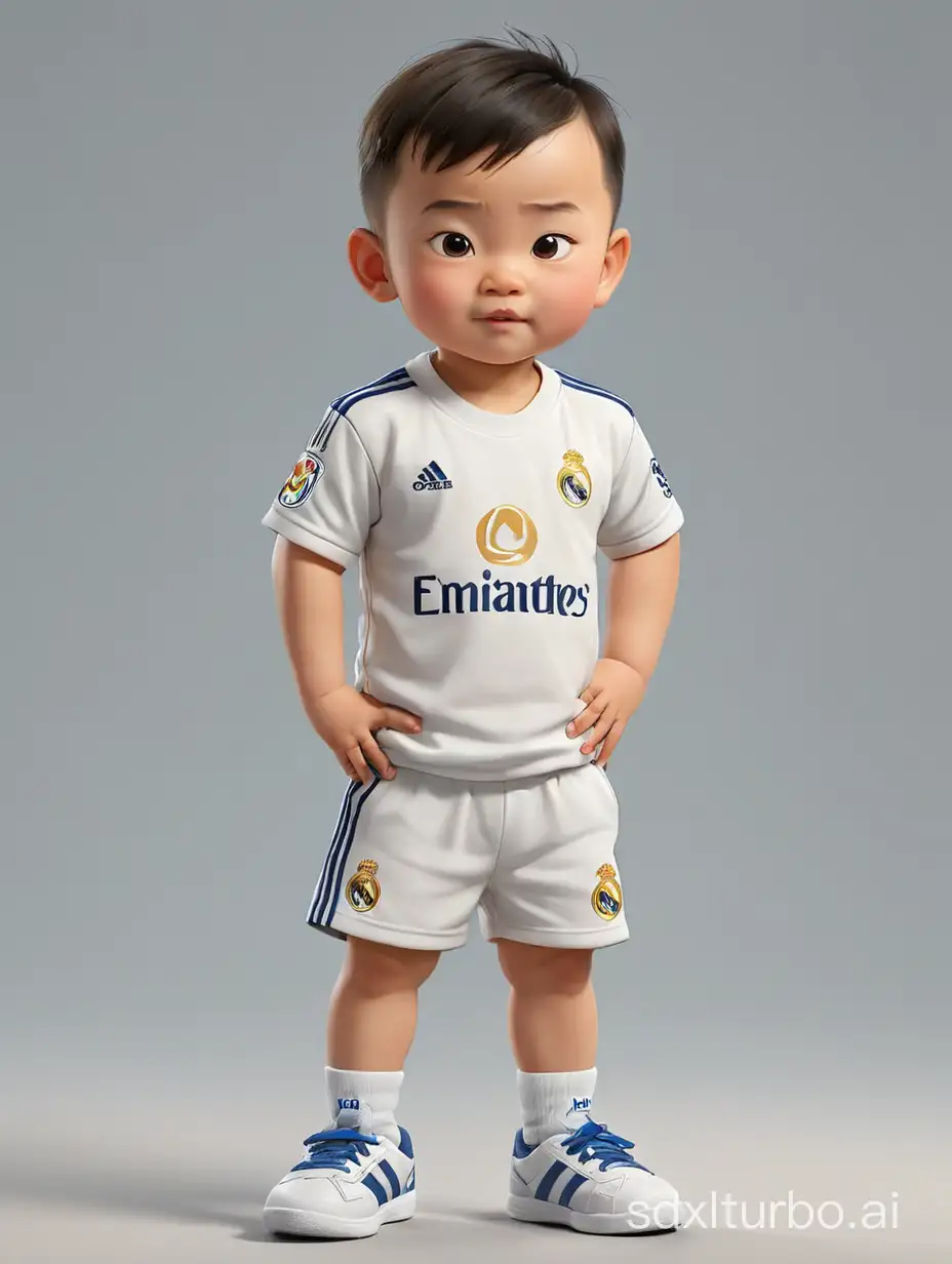 Chinese Baby Boy in Real Madrid TShirt and Shoes 3D Mascot Illustration
