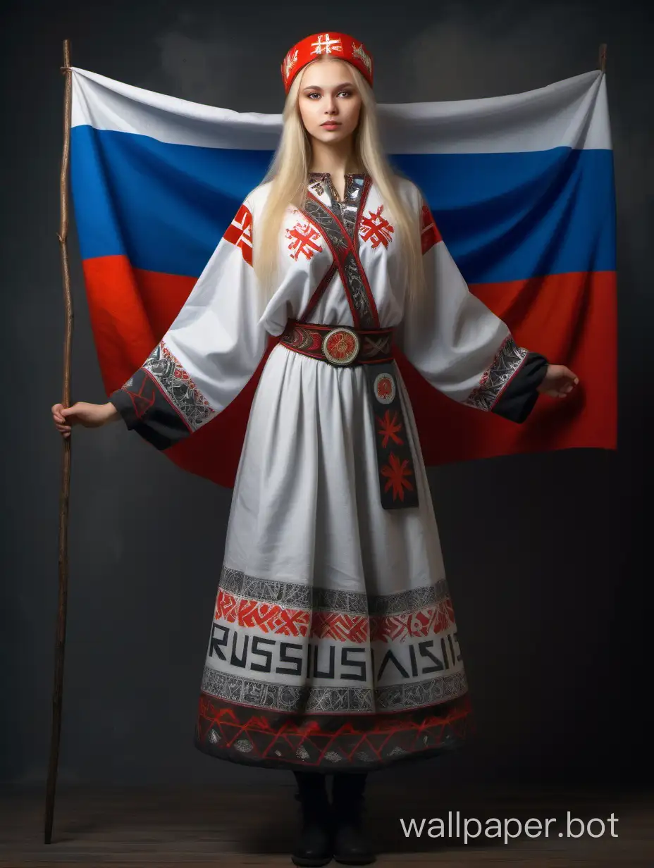 Русская красавая девушка блондинка, в традиционном русском национальном наряде, на одежде нарисованы славянские руны и коловрат. Рядом с девушкой флаг России. Картина в полный рост 