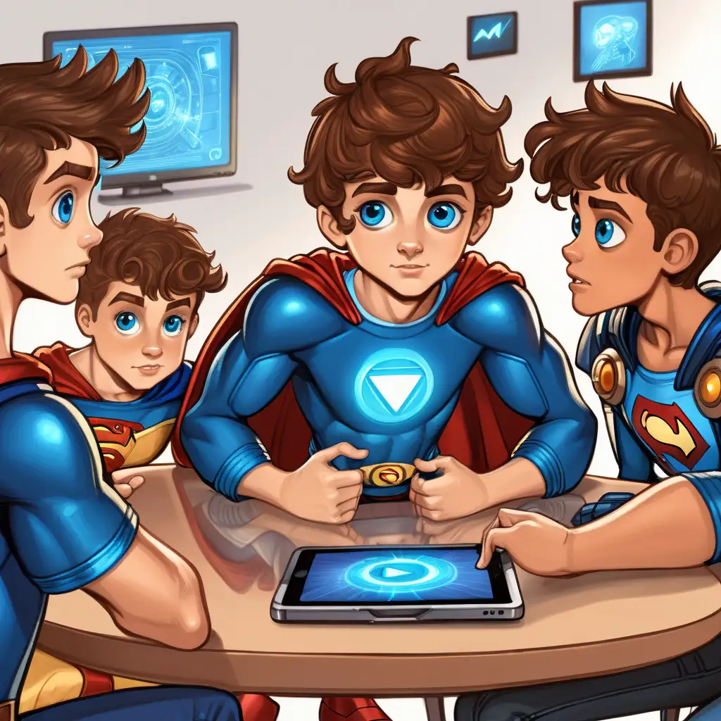 boy superhero with brown hair and blue eyes and technology superpowers talking to his friends about technology