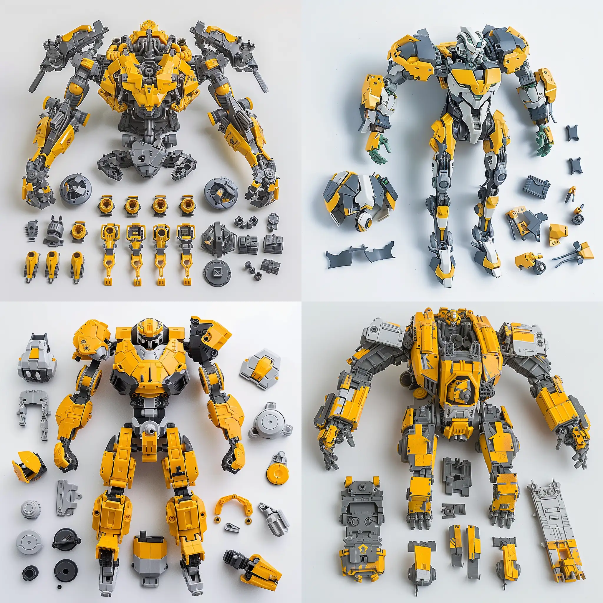 plastic model kit of a robot, parts in yellow and grey, unassembled in sprue, studio lighting, white background