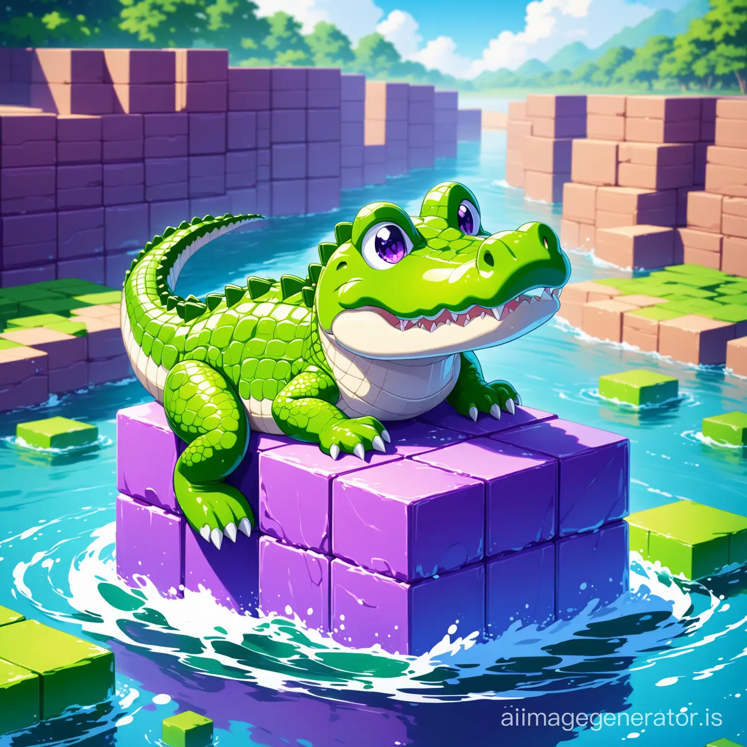 A little cute crocodile in the river eatinga purple block( super detail and High Quality ) and floating blocks are seen everywhere Details are evident beautifully and with great precision
