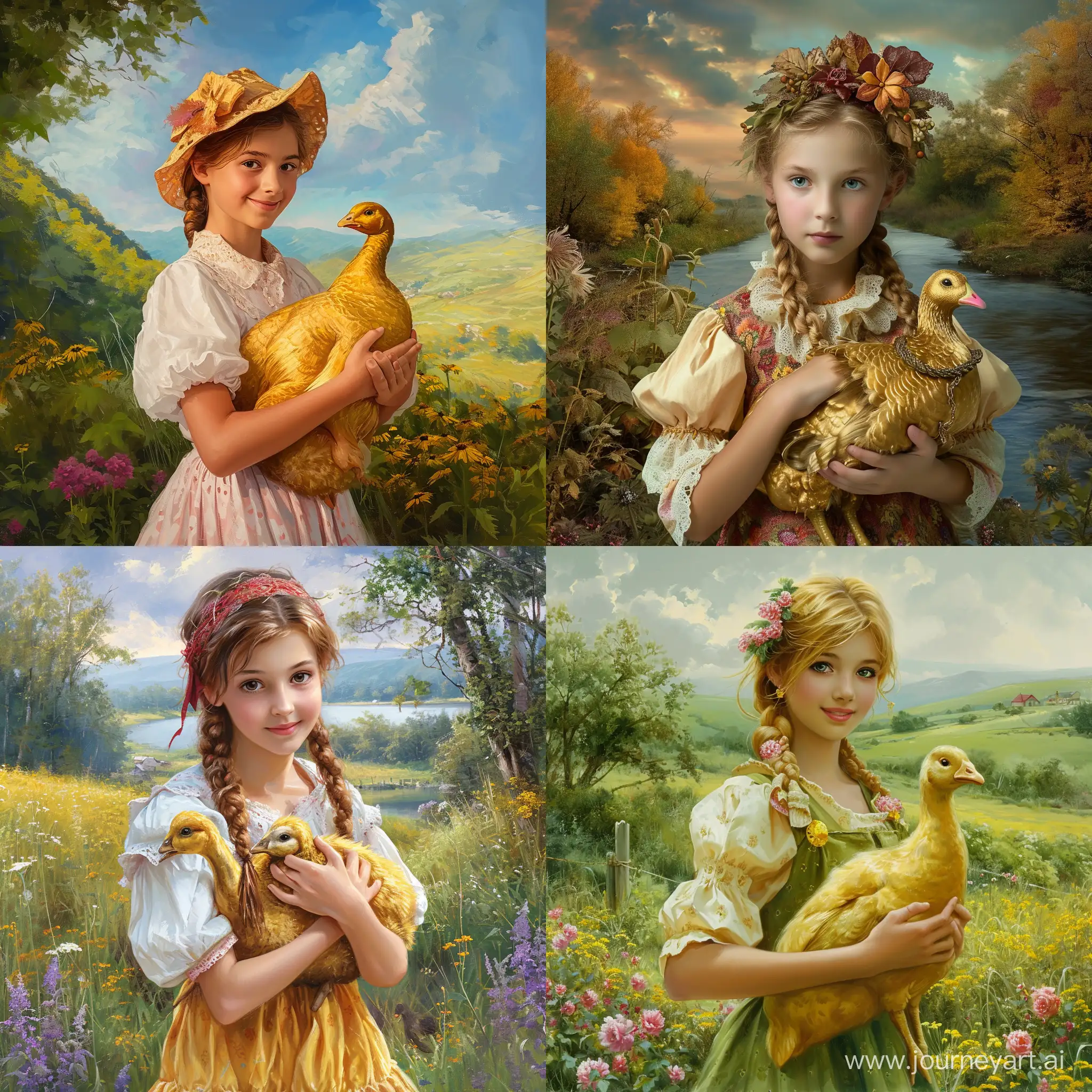 looks like painting or computer  graphic art Country Teenager Holding Golden Goose with nature background 