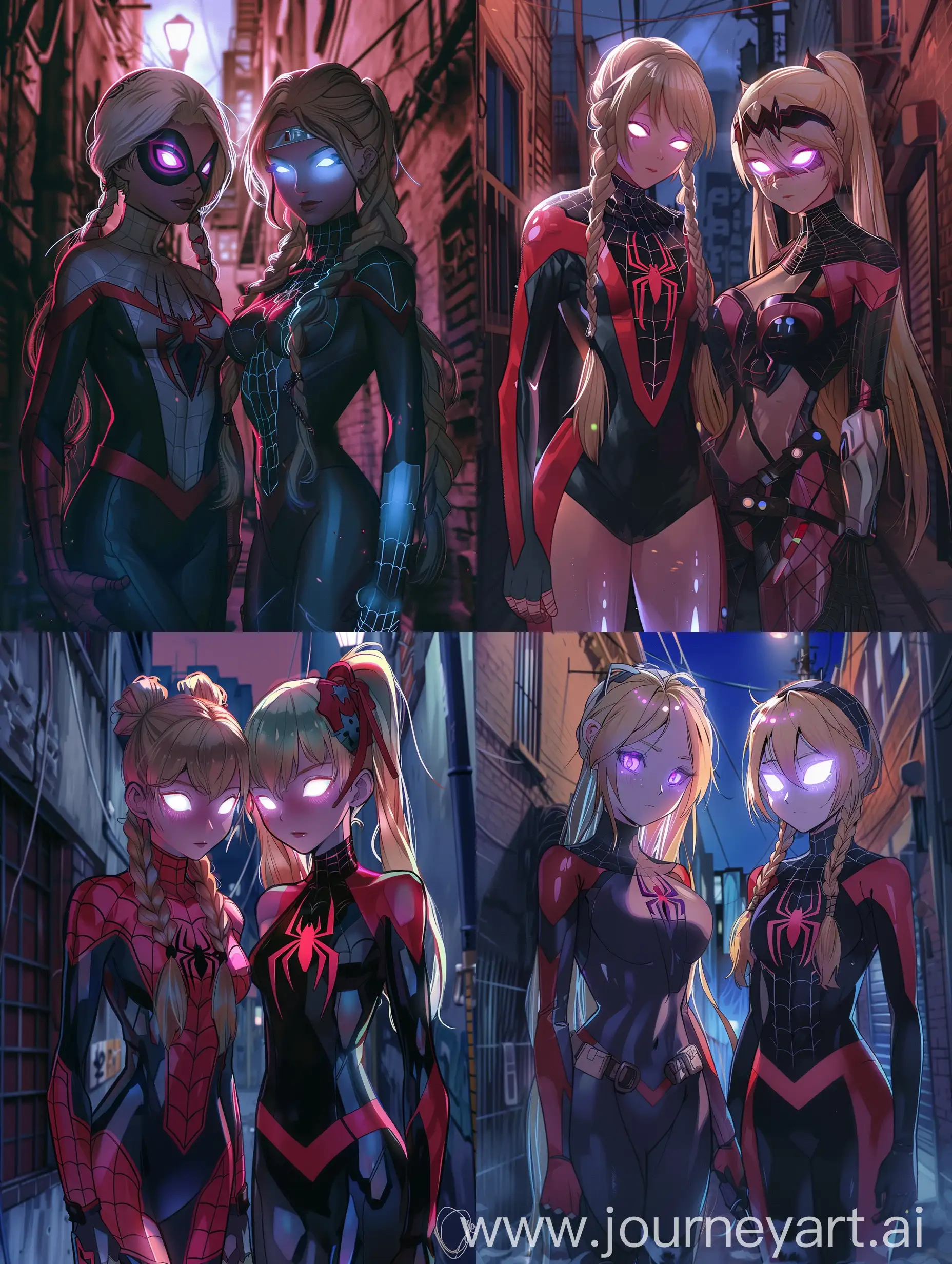 Anime-Girls-in-SpiderGwen-Suits-with-Glowing-Eyes-in-Night-Alley