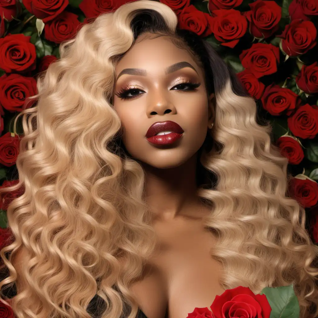 black women with long dark blonde deep wave hair  with natural looking makeup on mouth closed and roses all over the background 