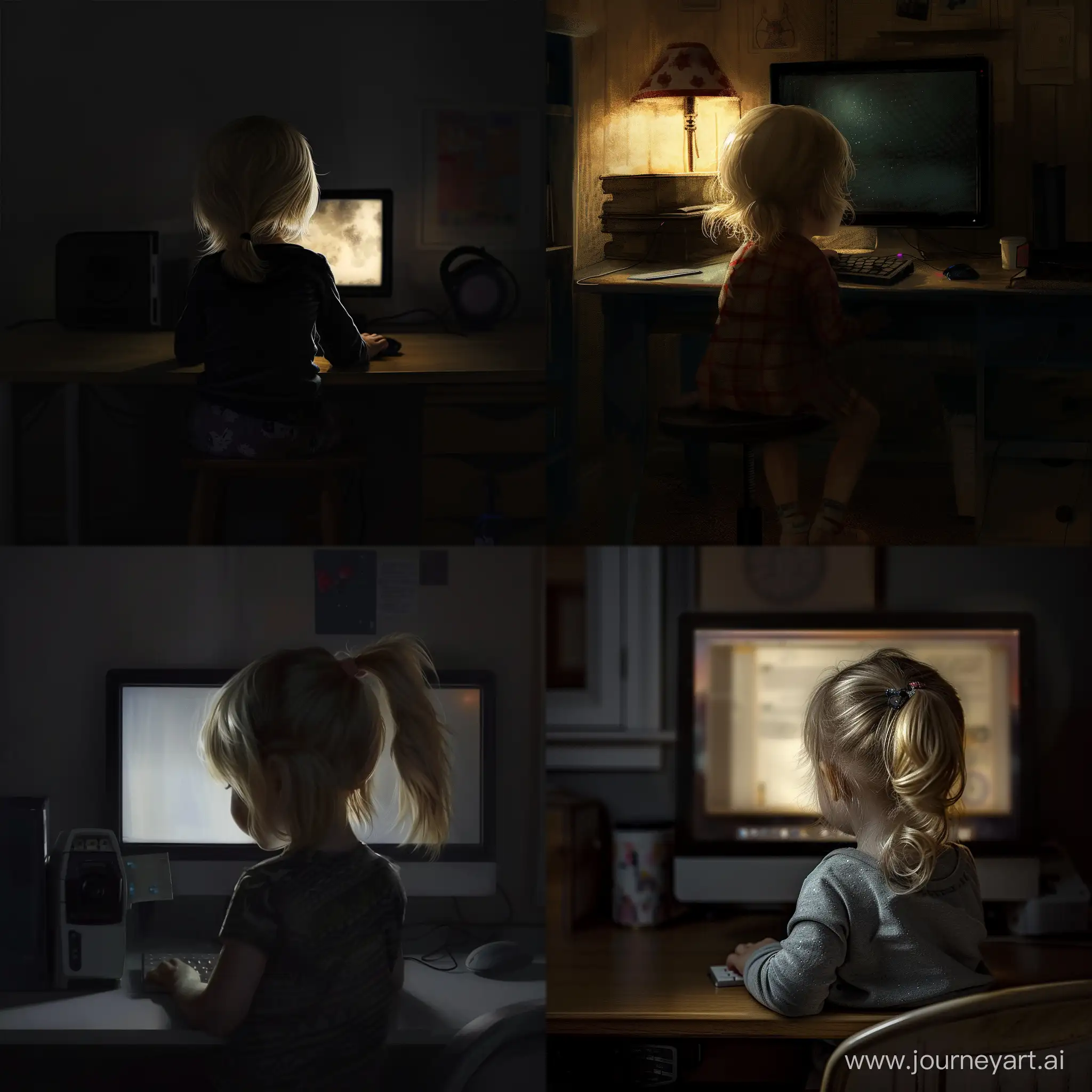 a realistic image of a little blonde girl sitting with her back turned and looking at the computer on the desk, in a dark room lit only by the light from the computer screen ​