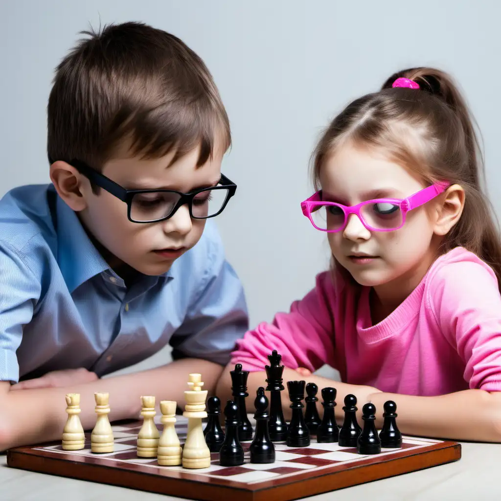 A beautiful little 5 year old girl wearig pink eyeglasses playing chess with her brother