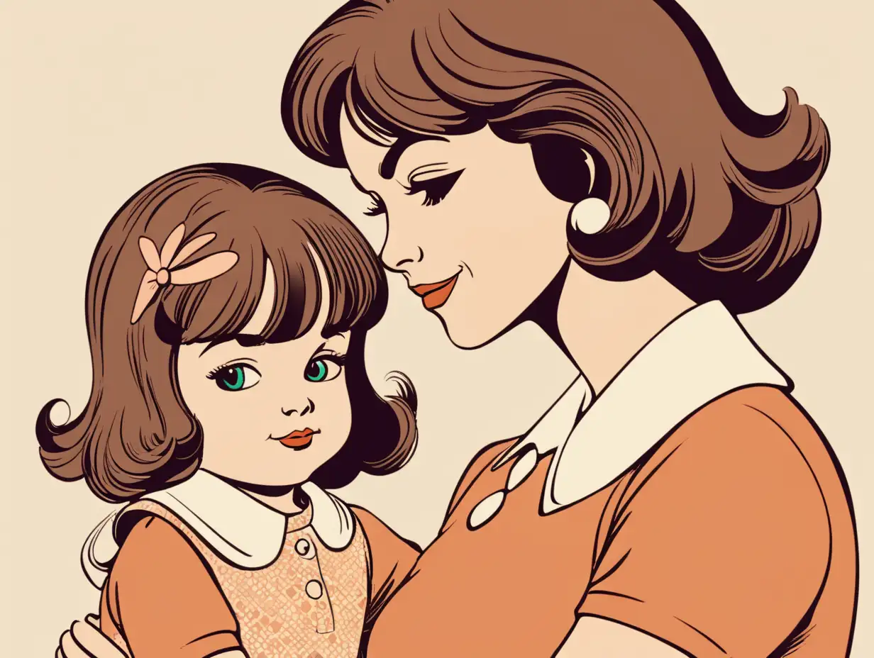 Charming 1970s Cartoon Mother and Daughter Duo