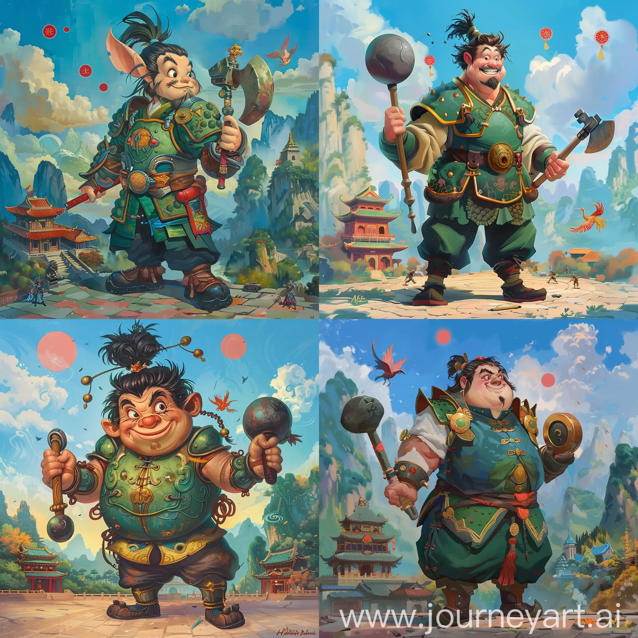Historic painting style:

a Disney sincere and friendly  Quasimodo, from the Hunchback of Notre Dame cartoon, he has Chinese medieval Ming Dynasty hair style, he wears deep green and light green color Chinese style medieval armor, dark soil color pants and shoes, he holds a Chinese round war hammer in right hand, 

Chinese Guilin mountains and temple as background, small phoenix and three small red suns in blue sky.
