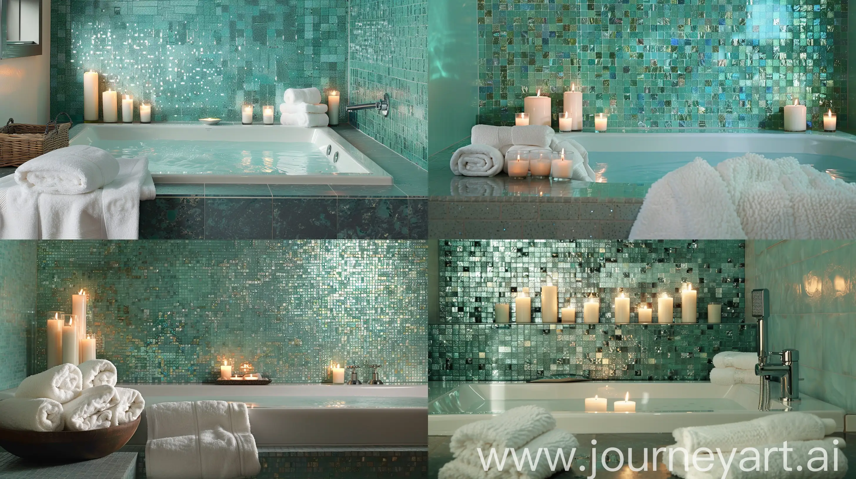 Step into a luxurious bath room with a touch of spa-inspired elegance. Imagine a deep soaking tub surrounded by candles, fluffy white towels, and a wall of shimmering mosaic tiles in shades of aquamarine and seafoam green. --ar 16:9