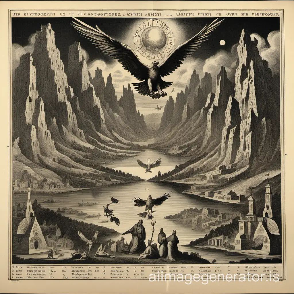 Lithograph, black and white. Tarot, symbology, cryptic. Mountains and rivers, rapacious eagles. A monastery burning in the center. Howling wolves.