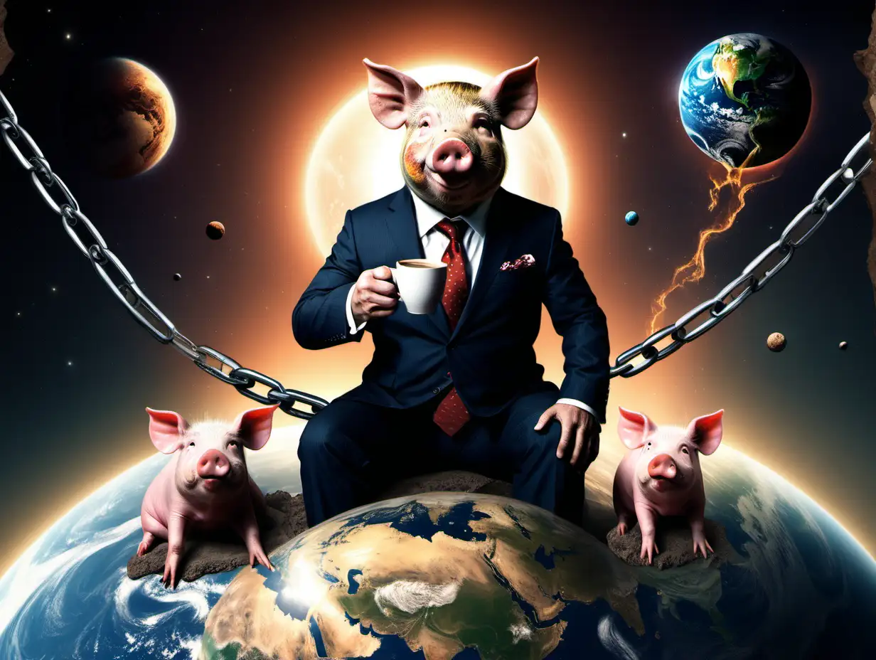 Surreal Illustration Sun Descending Chained Planets and CoffeeSipping Pig in Suit