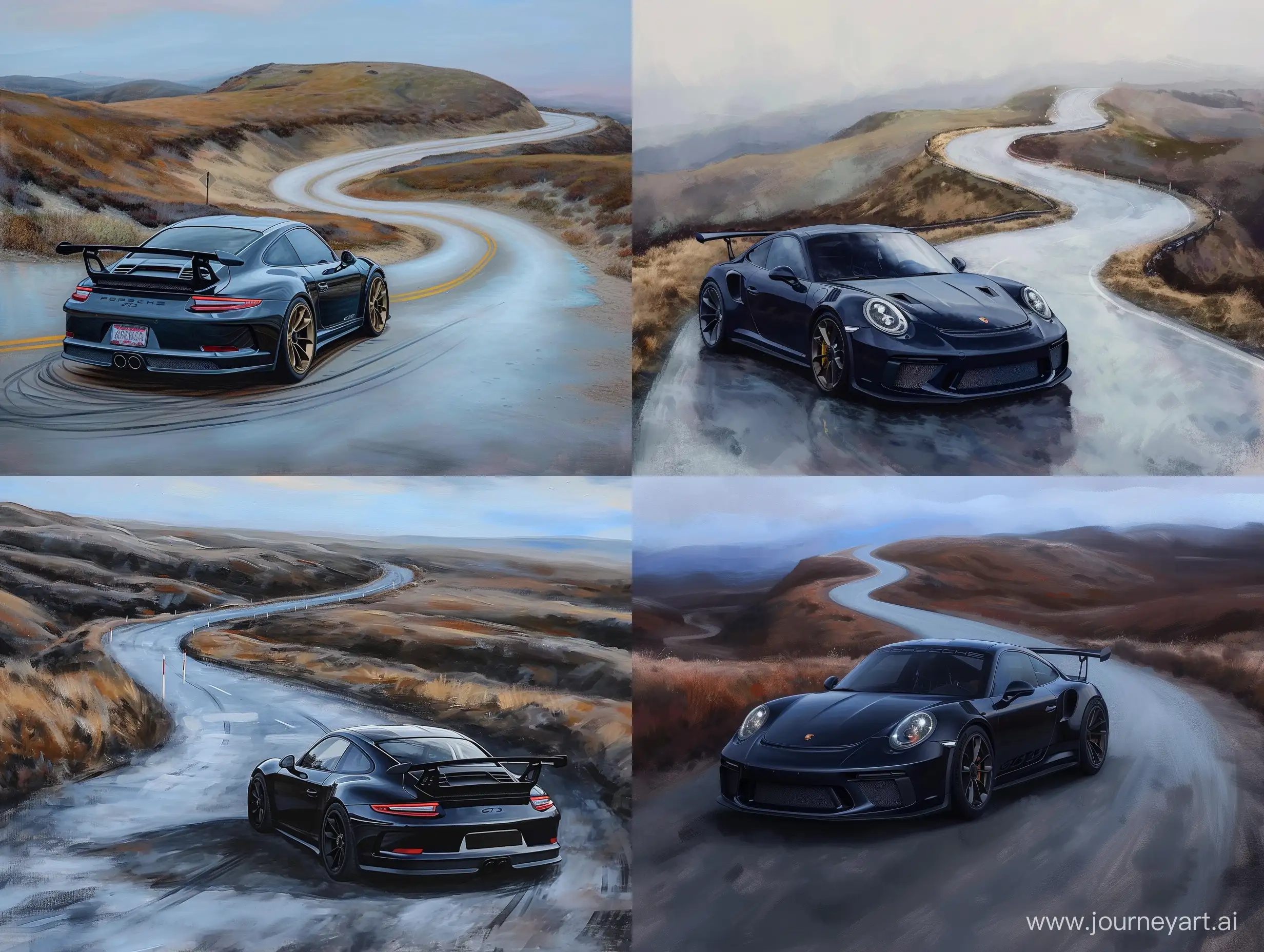 a aesthetic Realism painting if a black porsche 911 gt3 on a empty curvy hilly road  for my desktop background whit perfect blend of dark and bright colors and with a color theme of light blue 

