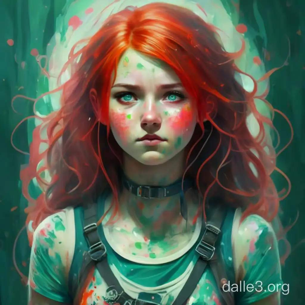 waist up view of teenage girl in a trance with red hair and freckles wearing paint splattered jeans and tshirt with a green smoky background in a fantasy art style