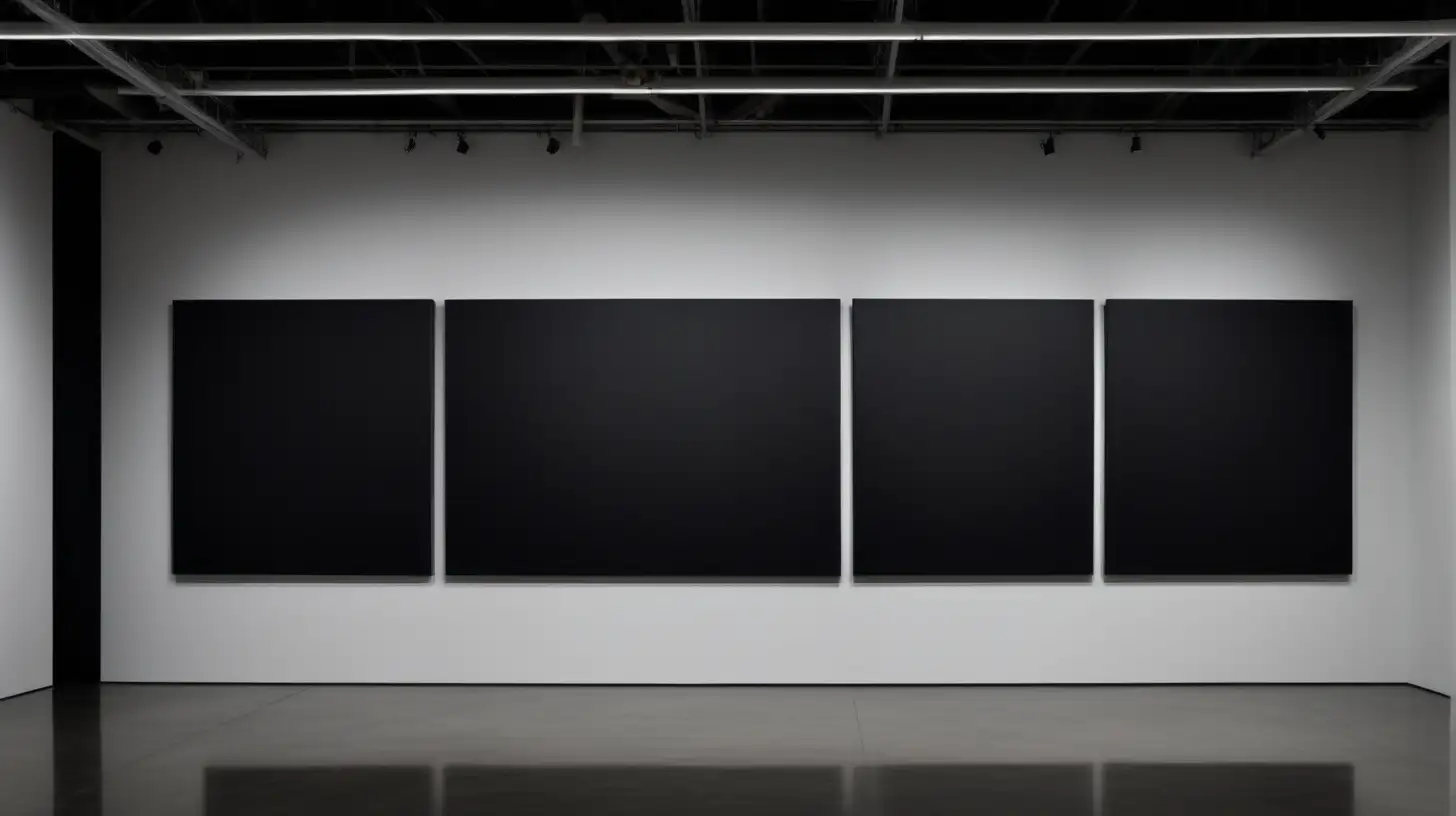 One wall of dark Art Museum room with three (3) large thin horizontal framed solid black canvases on single long wall.