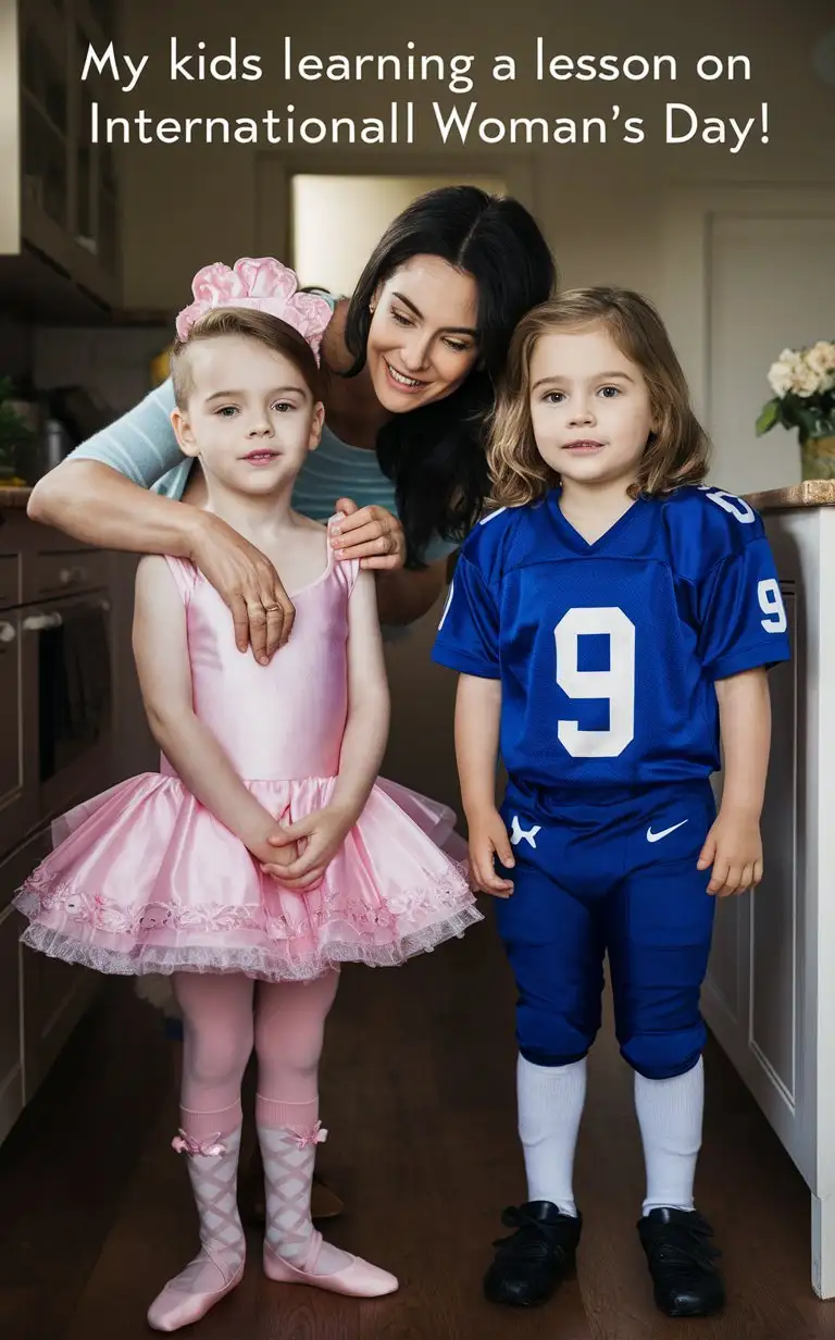 Gender role-reversal, Photograph of a mother dressing her two young son, a boy age 8 with a cute thin face and short hair slick back, up in pink ballerina dresses and frilly socks, and she is dressing her young daughter, a girl age 9 with long hair in a ponytail, up in a blue football uniform, in a kitchen, adorable, perfect children faces, perfect faces, clear faces, perfect eyes, perfect noses, smooth skin, the photograph is captioned below “My kids learning a lesson on International Woman’s Day! =D”