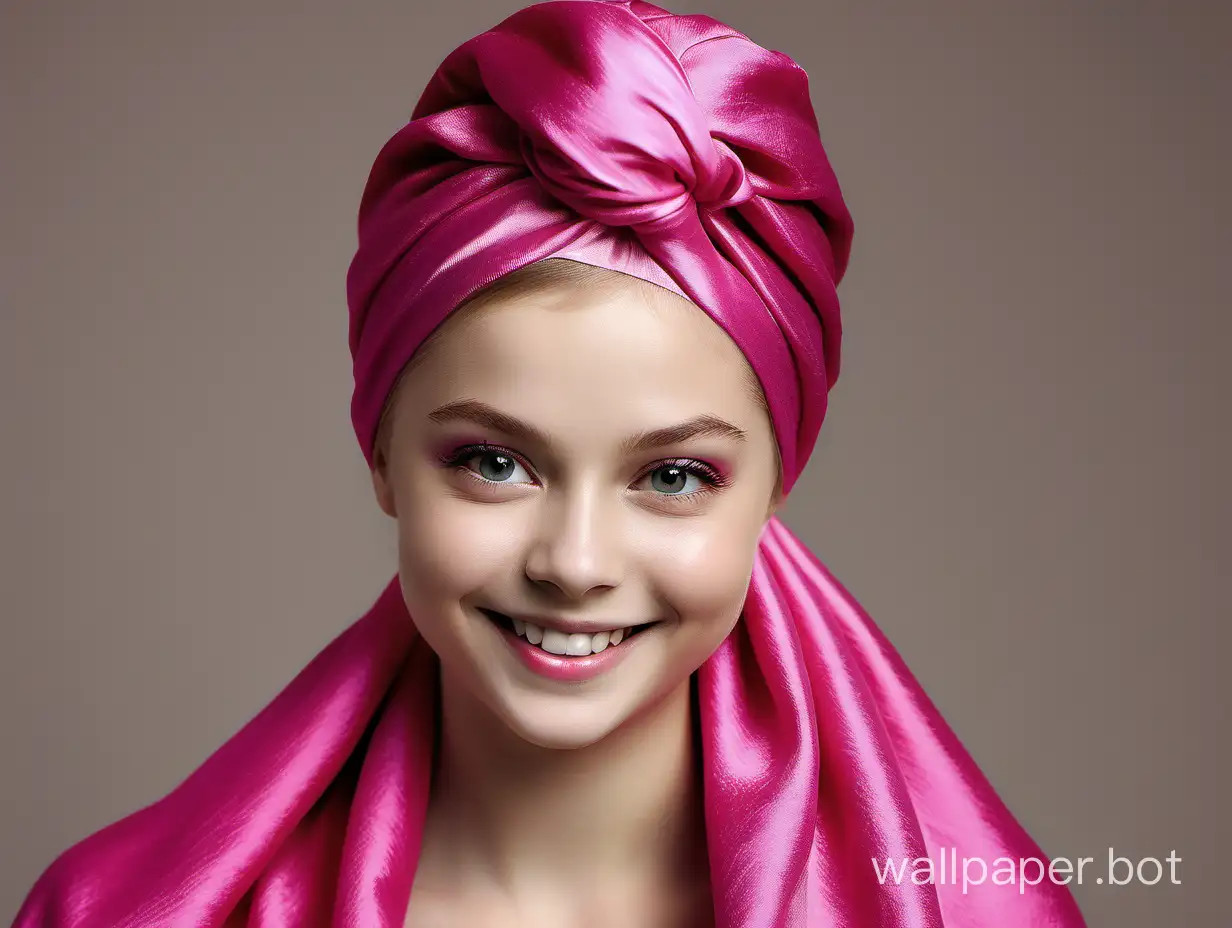 Yulia-Lipnitskaya-Radiant-Smile-and-Luxurious-Pink-Silk-Turban