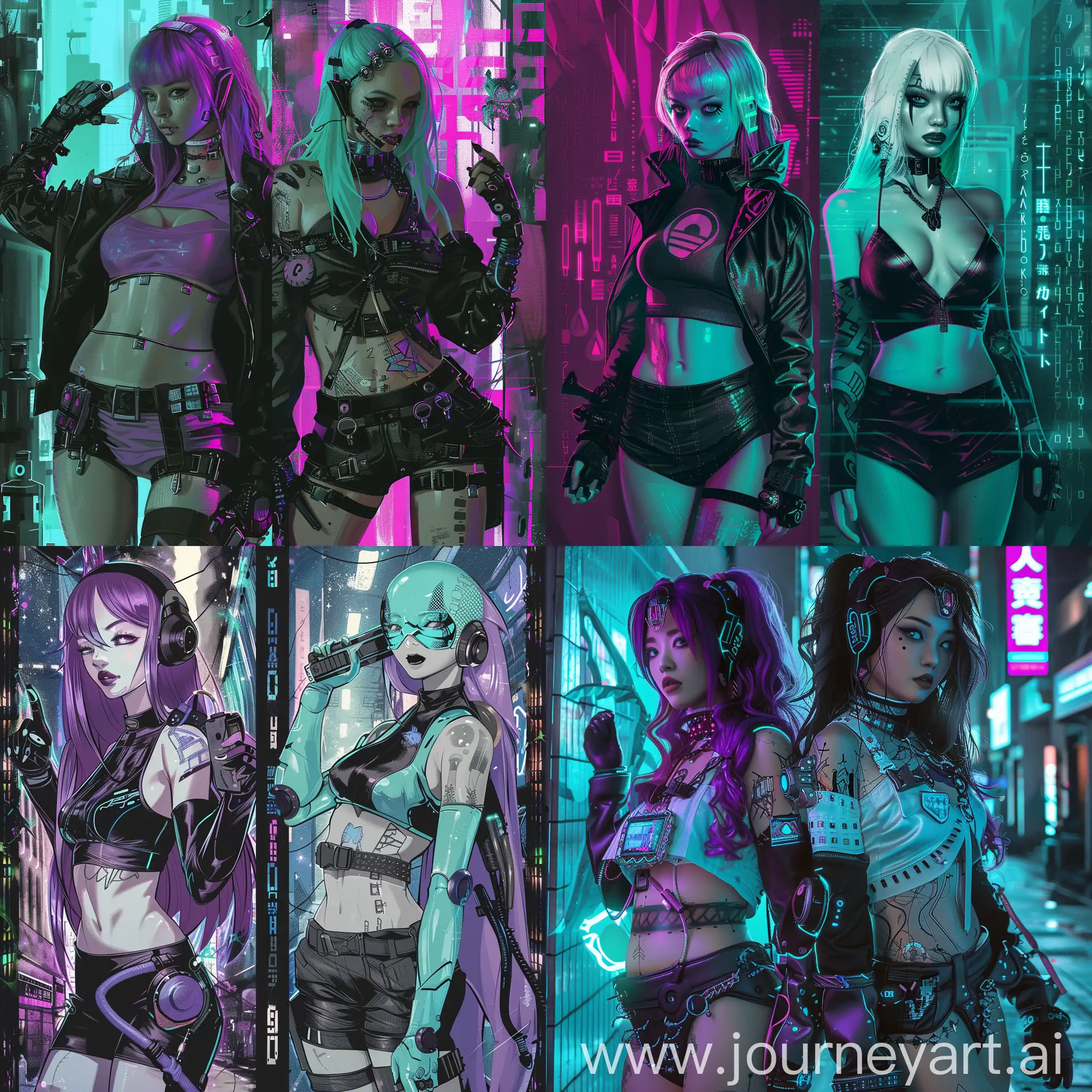 femmes cyberpunk neotokyo de diverse race humaines et aliens pose jusqua la ceinture .  mosaique 2 images, style anime . couleur principale violet et turquoise 60% noir 10%