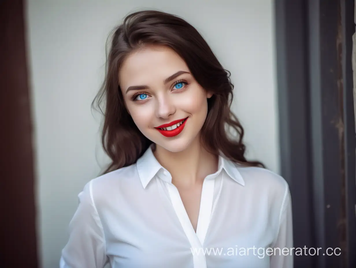 take a photo of a real girl. Brunette, with blue eyes, with an open and cheerful smile, in classic clothes. White blouse, red lipstick on the lips. make her full size