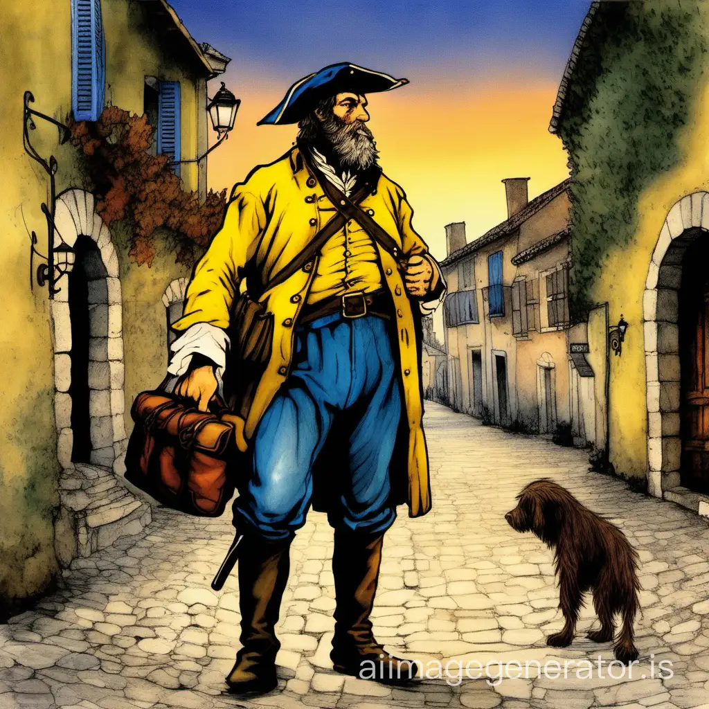 an autumn of the 18th century, sunset, Jean Valjean walks in the town of Digne, he is a miserable man of medium stature, sturdy in the prime of his age, he wears a leather visor cap, a large yellow canvas shirt, worn blue jean trousers, he has a long beard and a soldier's bag on his back, he holds a stick in his hand