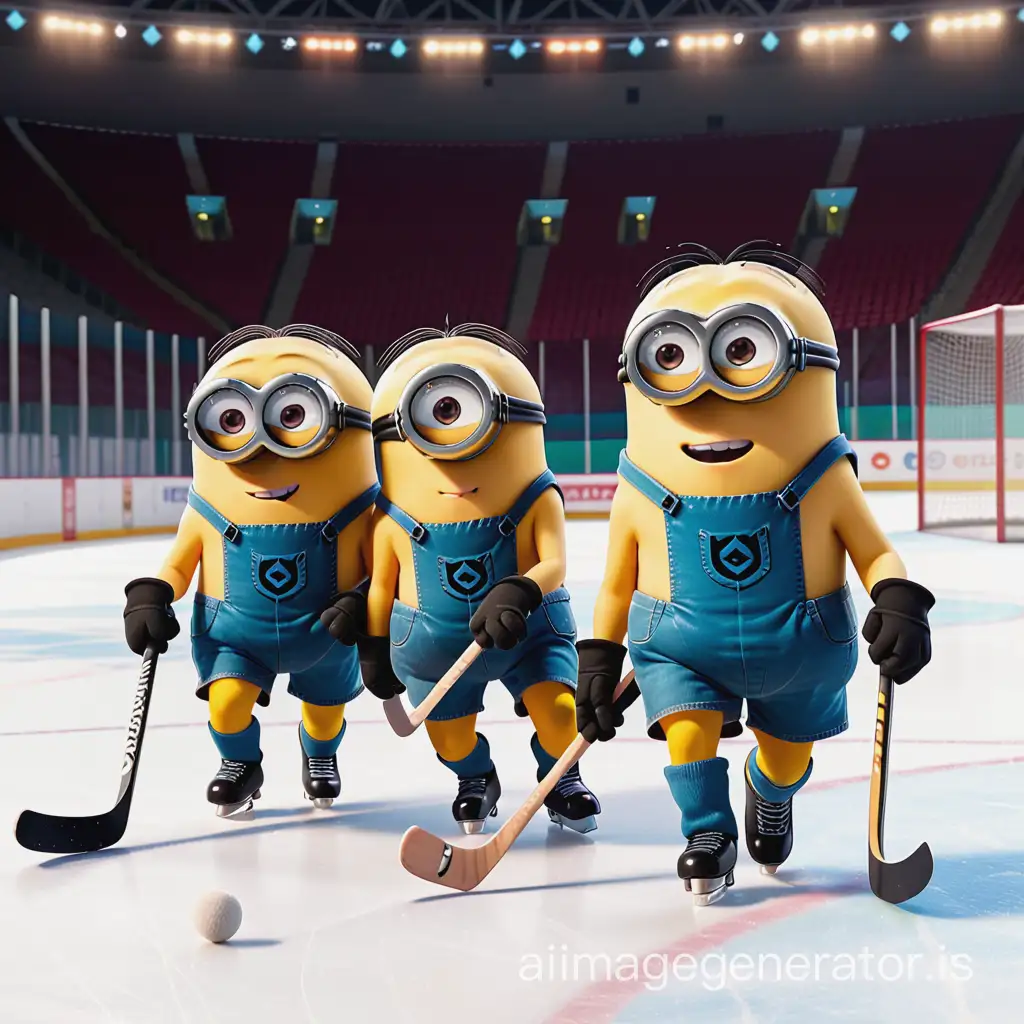 three minions playing hockey, cute kids animation
