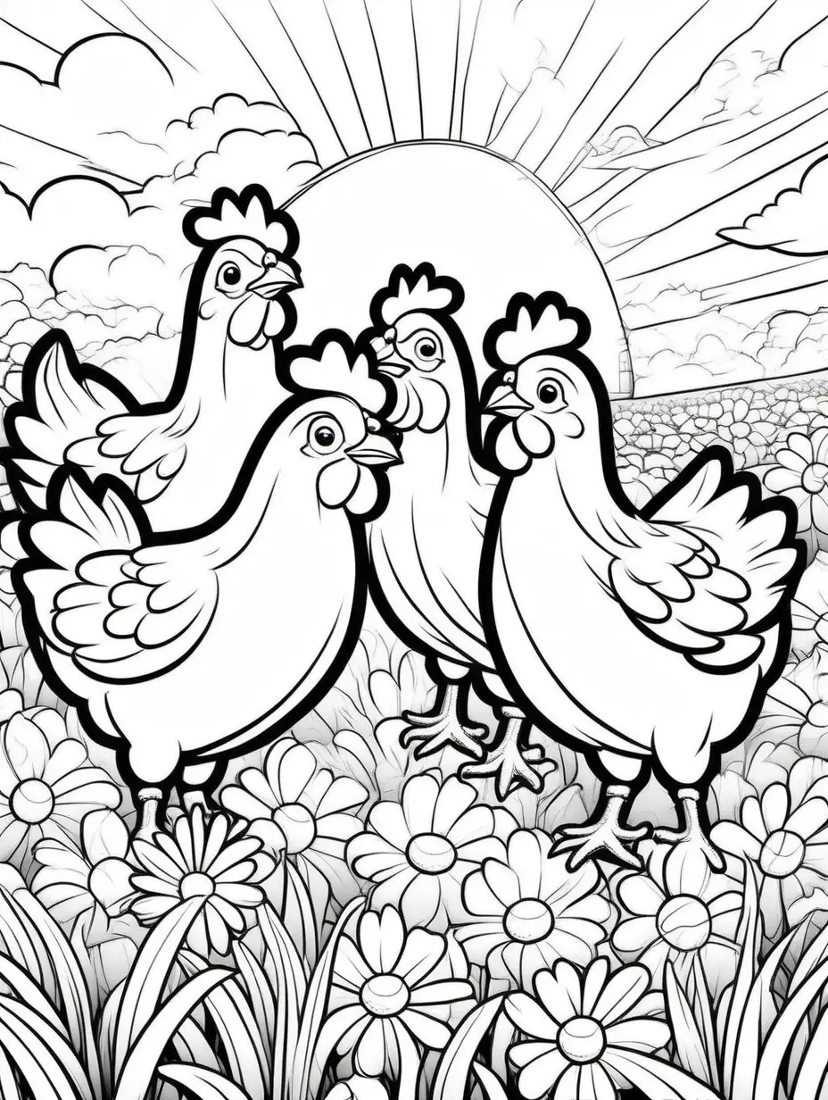Whimsical Childrens Coloring Page Happy Chickens Frolicking in a Flower Field