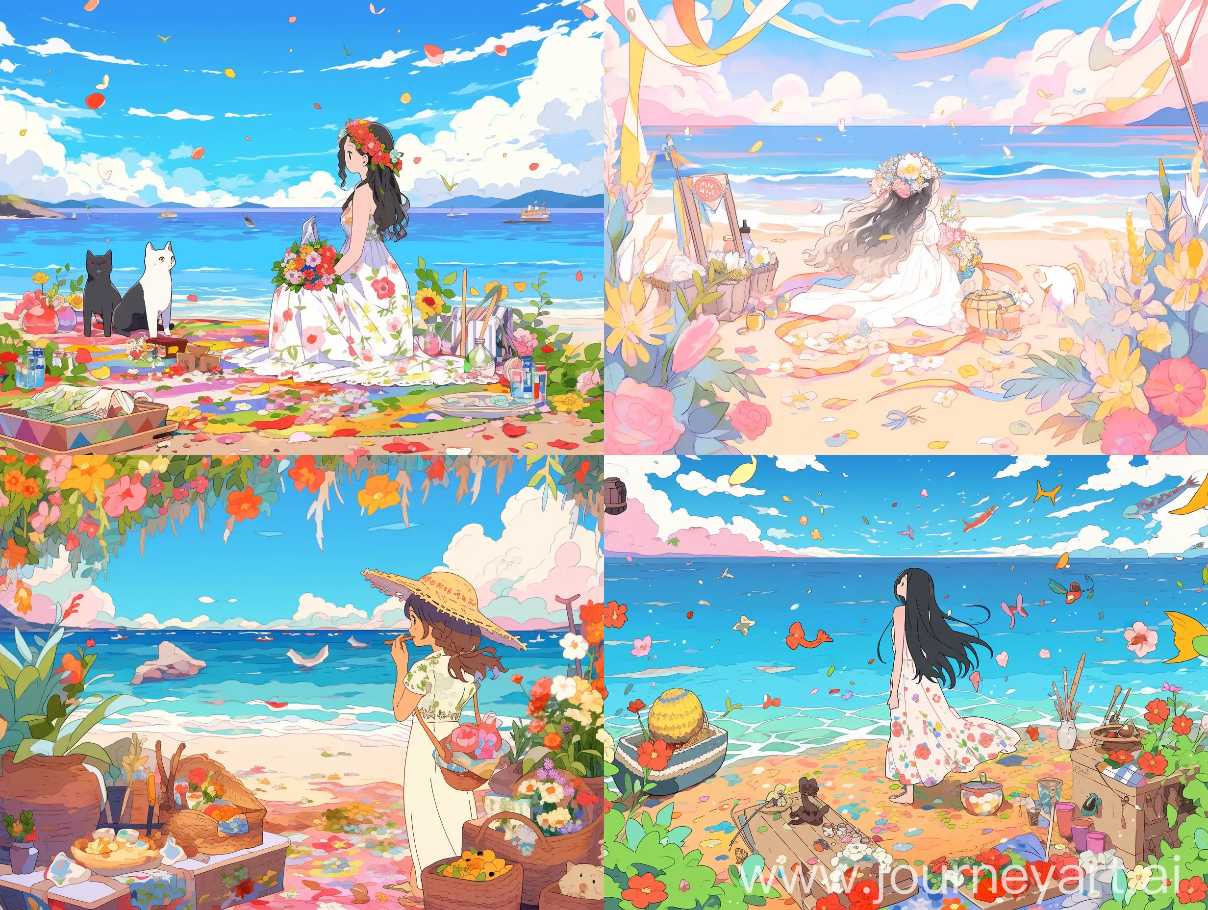 a lady on beach and looking at the sky, there is a boat far away on the other side of the sea , one basket of flowers is placed on the floor, miyazaki style,（宫崎骏风格） --ar 4:3 --niji 5