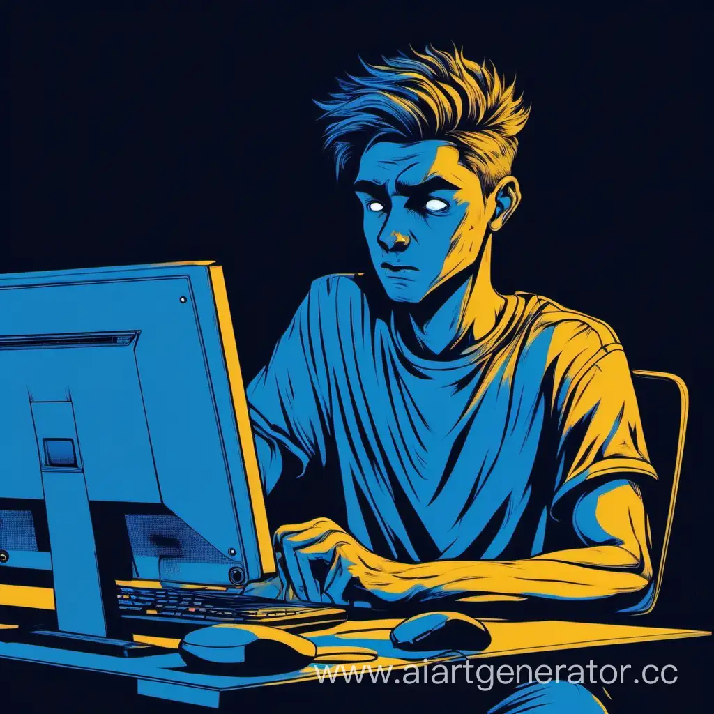 Без эмоциональный парень(20 лет) смотрит в монитор(синего цвета) персонального компьютера в тёмной комнате