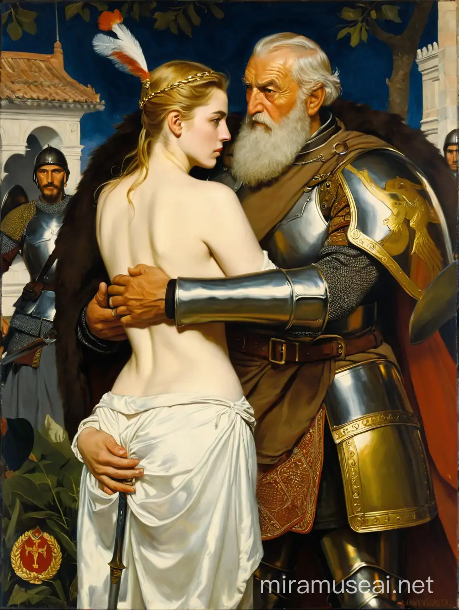 Dramatic Scene Old Man in Armor Defending Wounded Female General