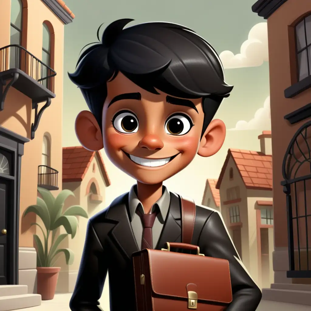Enchanting storybook characters smiling. Hispanic boy with short black hair and black eyes. #1 salesman with briefcase