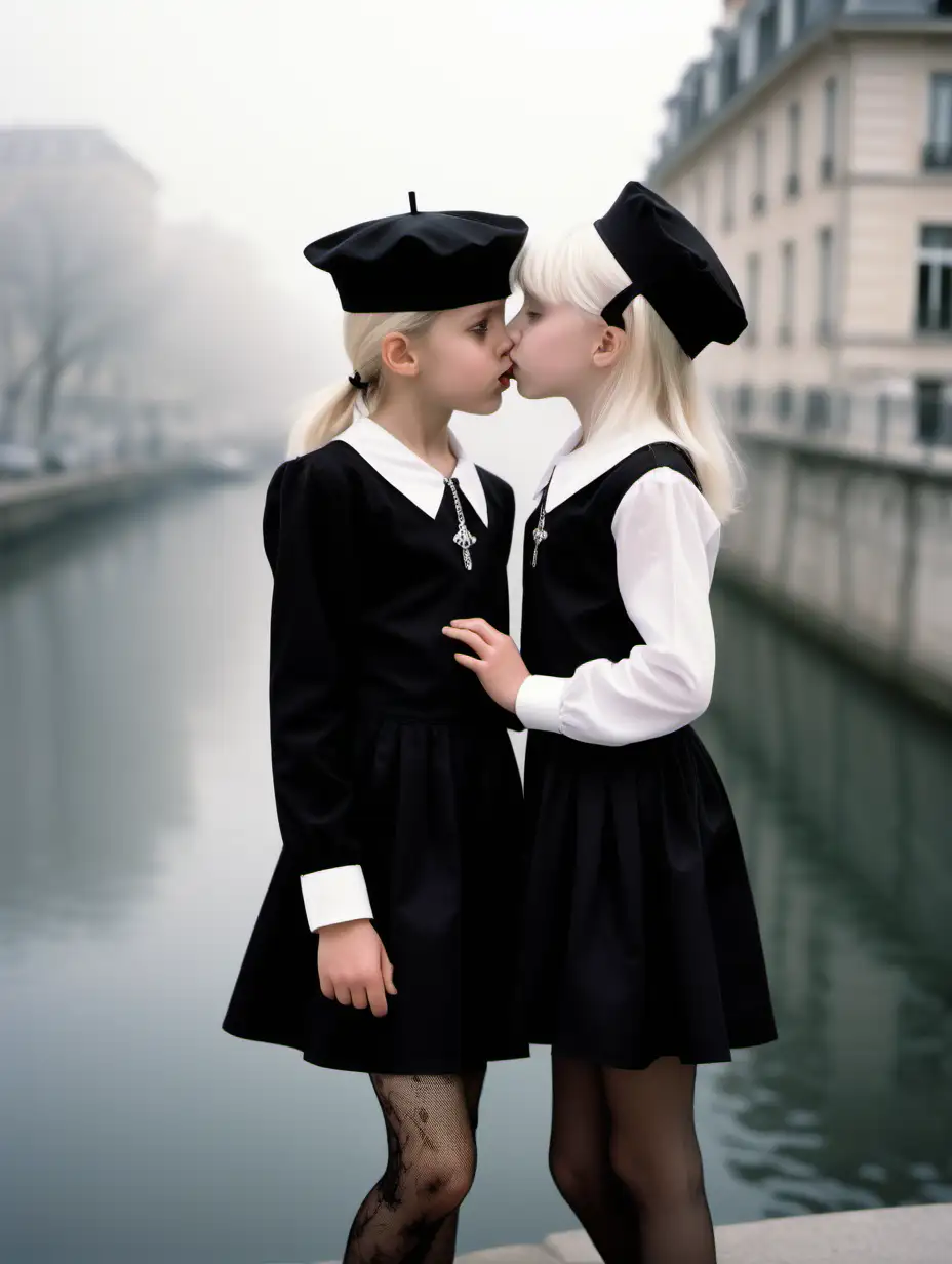 Young Girls Embracing in Vintage French Waterfront Setting