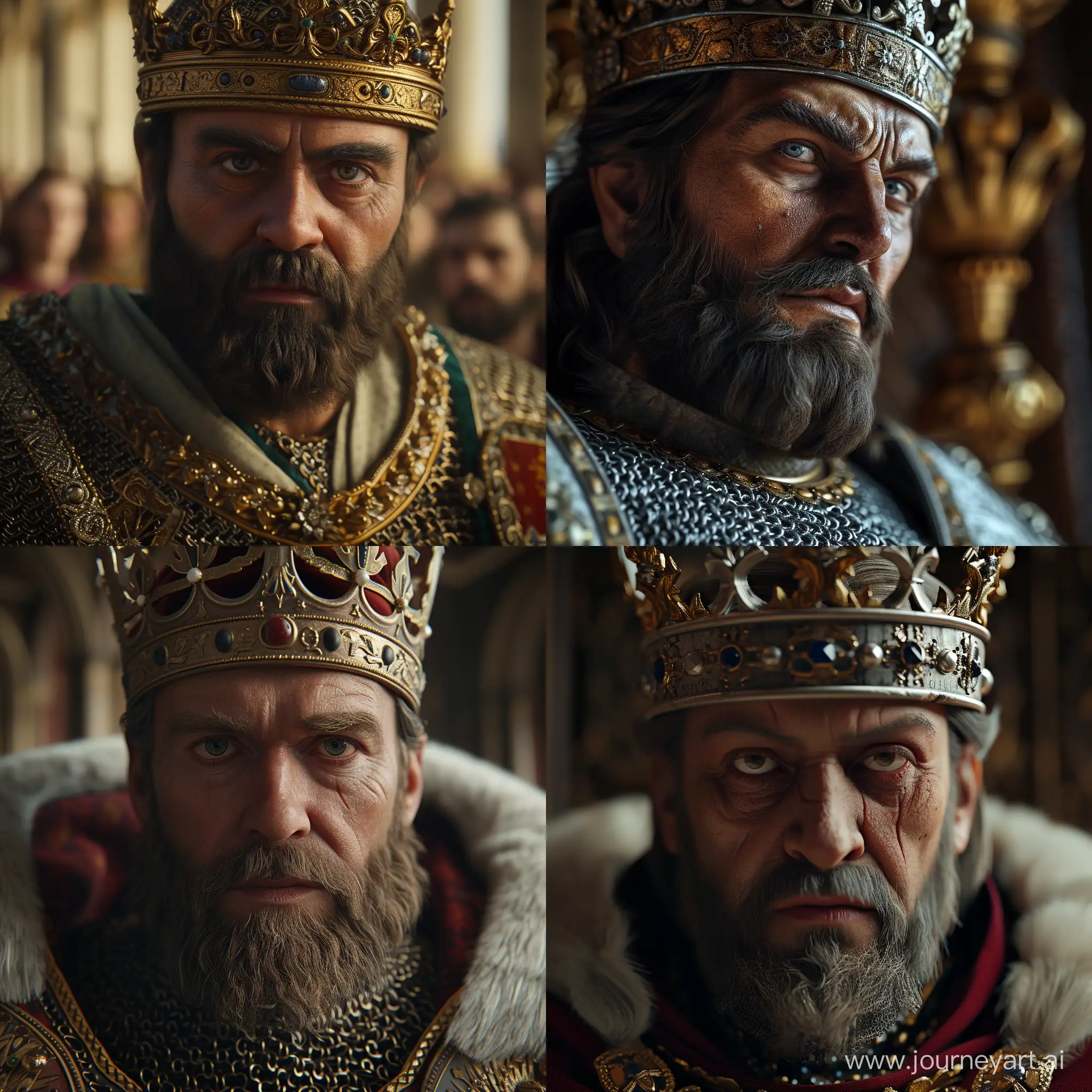 Close up image of King Charlemagne. Holy Roman Emperor. In palace. Impressive detailed. Cinematic shot. Realistic. 8K. HD, HQ