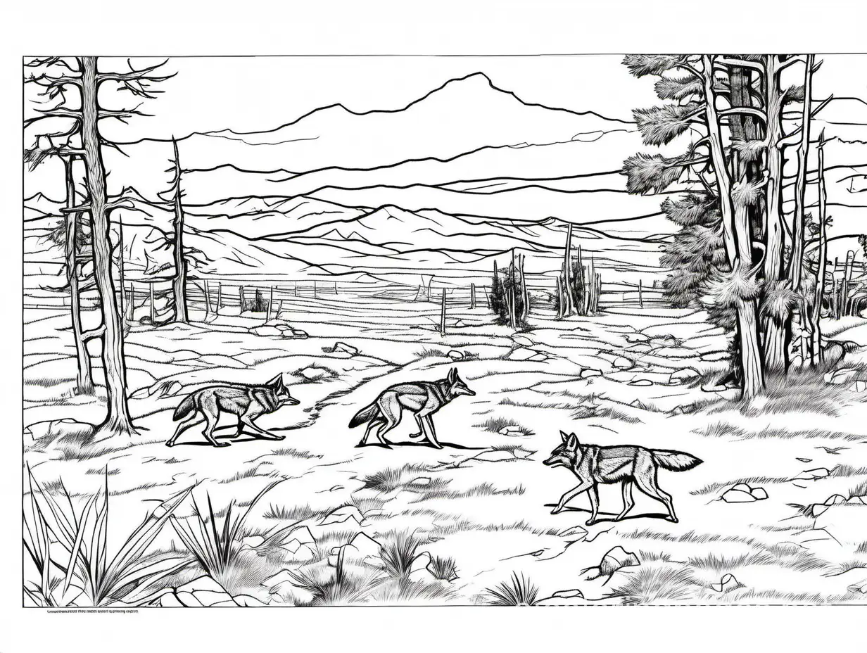 landscape with coyotes hunting by Charles M. Russell, Coloring Page, black and white, line art, white background, Simplicity, Ample White Space. The background of the coloring page is plain white to make it easy for young children to color within the lines. The outlines of all the subjects are easy to distinguish, making it simple for kids to color without too much difficulty