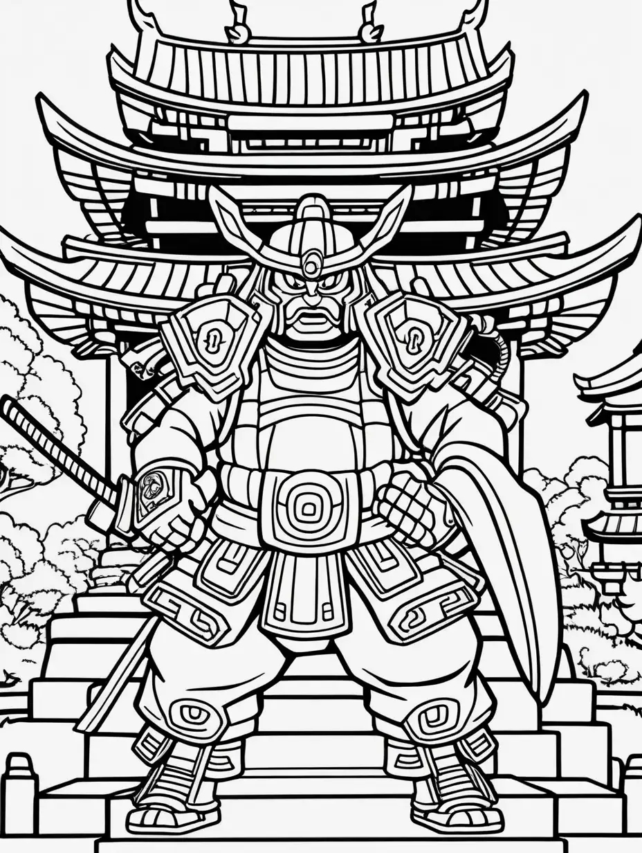 Create a two mech samurai cartoon in a Buddhist temple black and white coloring page for kids with thick lines, no shading, low detail.