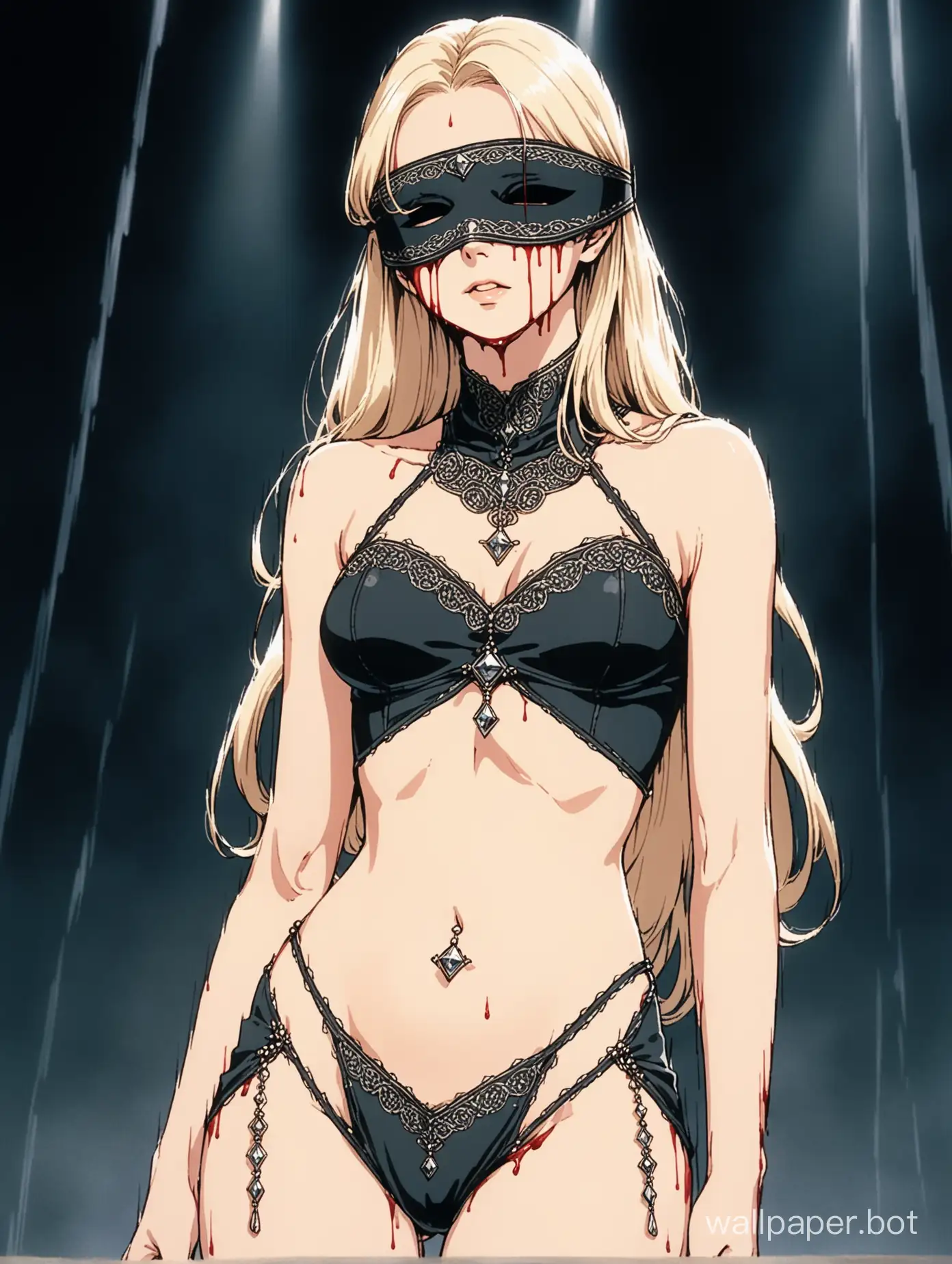 a young and attractive white woman, she has long wavy white-blonde hair, standing regally, elegant and slender, thin sharp face, wearing an ornate metal blindfold, bleeding from underneath her blindfold, blood drippoing down her cheeks, wearing a sheer thin dark grey skintight dress, small diamond-shaped navel cutout, her stomach is exposed, wearing a navel piercing, decorative stitching, medieval elegance, 1980s retro anime