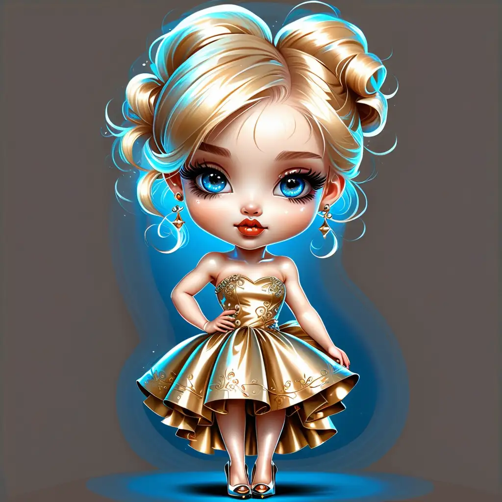 An illustration of a beautiful chibi girl. 
in a glamorous strapless gold dress. 
Beautiful details factions. updo blond hair.
Lip gloss.
Big ligh blue eyes.
Trendy high heels.
High quality. 
HD. No background. 
No shadow. 
Thomas Kinkade style Nadja Baxter Anne Stokes Nancy Noel --ar 4:5 --niji 5