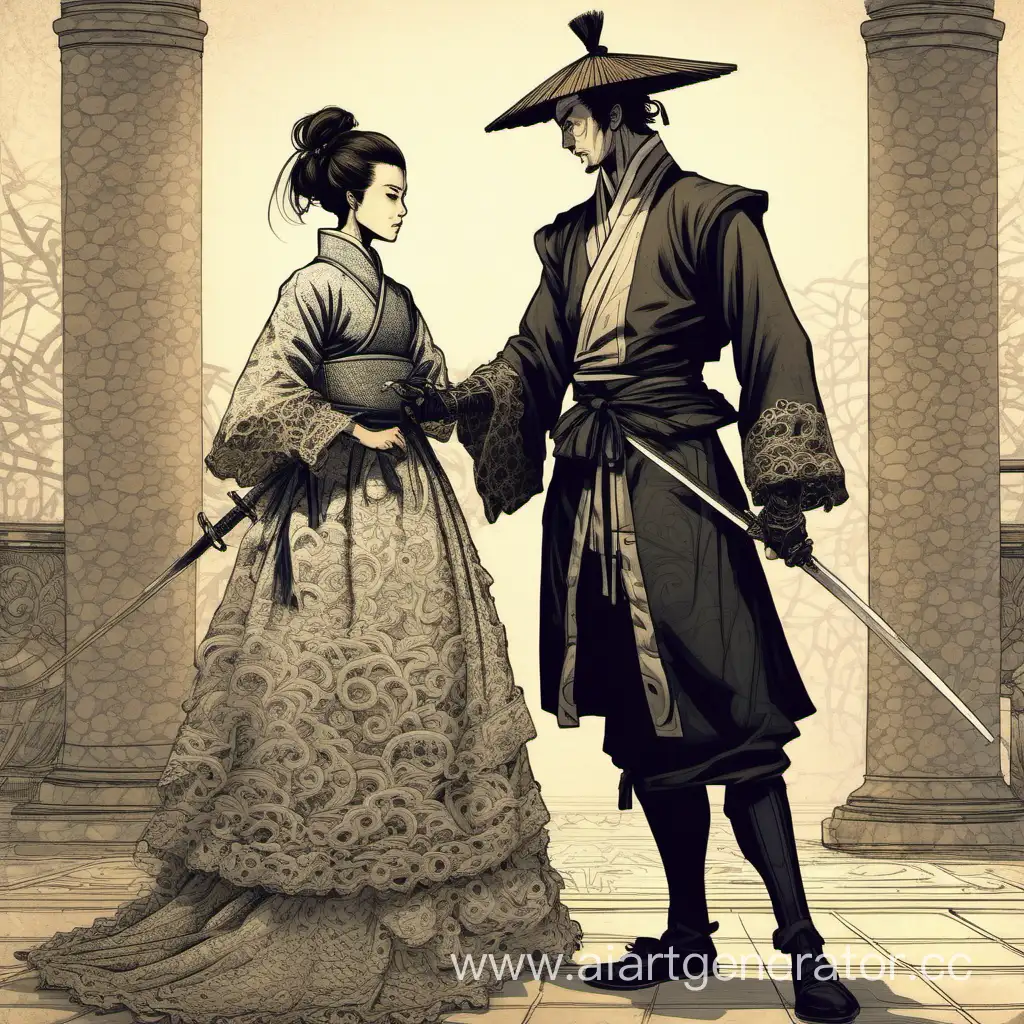 Young-Ronin-Protecting-European-Aristocrat-in-Elegant-Lace-Dress