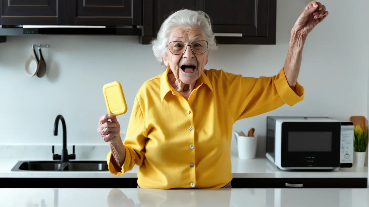 old woman grandma wearing yellow shirt holding dishwasher tablet up. On the kitchen counter top. Show the grandma face