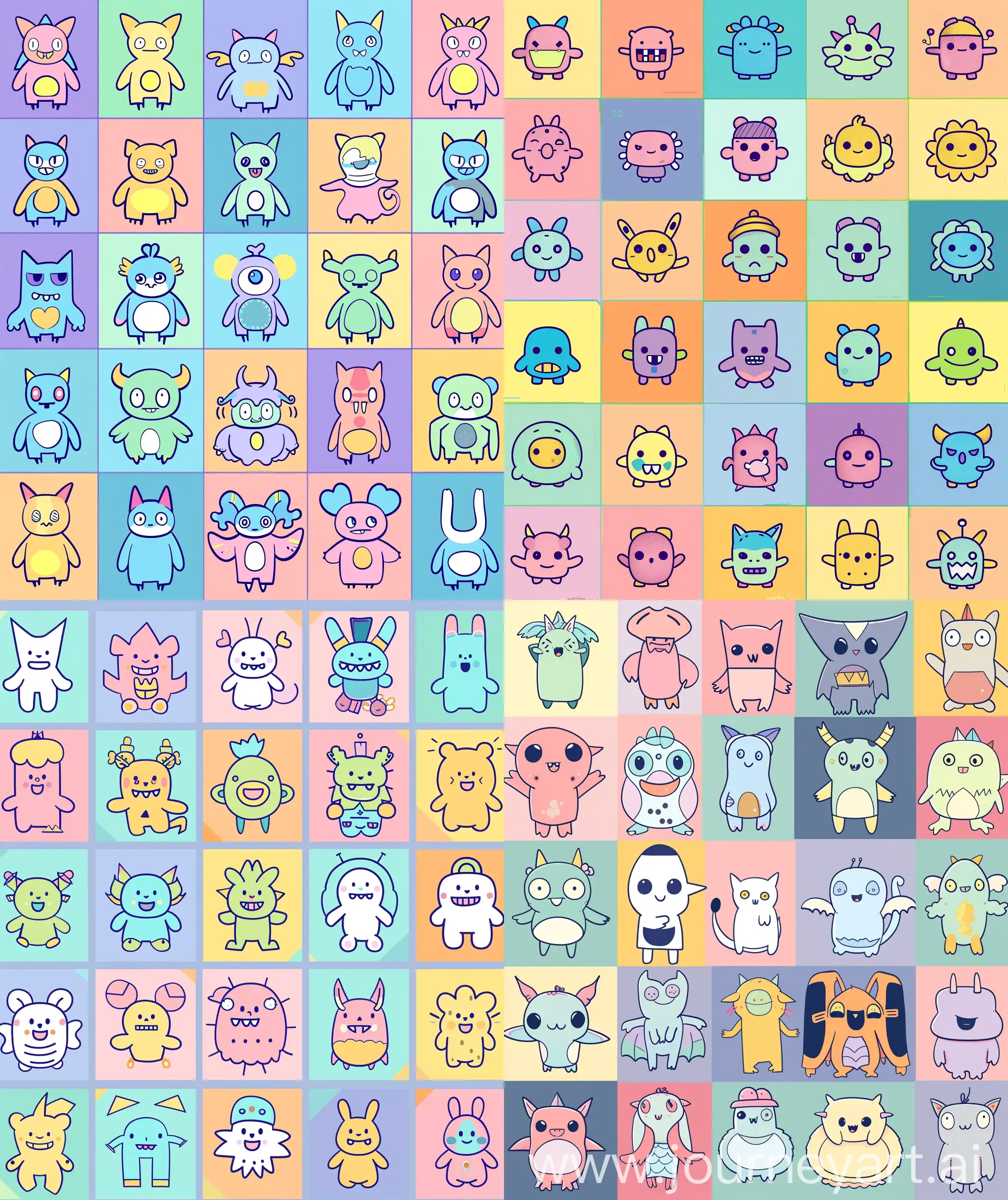 A grid of colorful cartoon characters in the style of [Moebius] with 20 square arranged side by side with one character per box, simple line drawings with a flat design and pastel colors. The characters are cute and funny with simple designs made of simple lines. Colorful cartoon characters include cute little monsters with whimsical and happy vibes. A colorful background uses simple shapes with bold outlines for the simple line art designs and outlines. --ar 27:32
