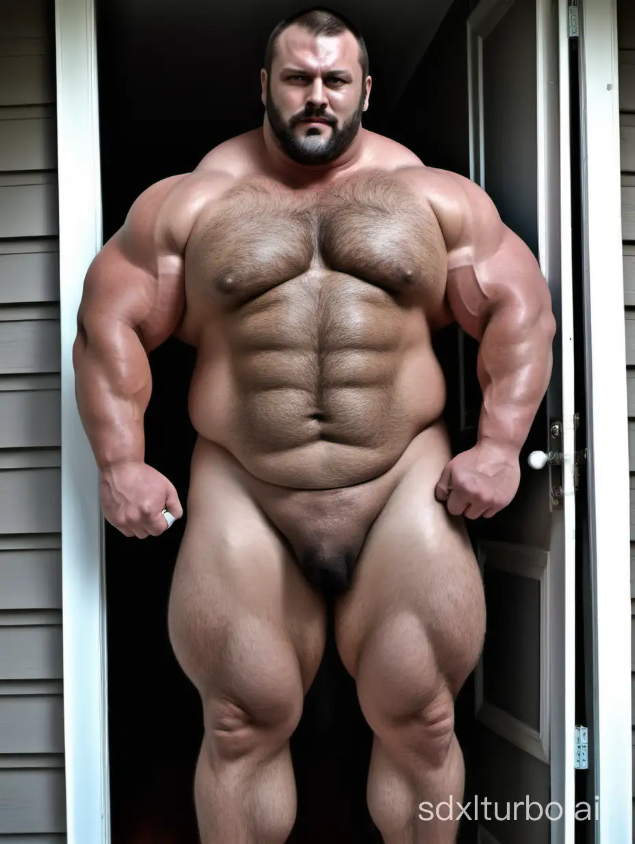 beefy manly muscle handsome bear bully neighbor. White skin and massive muscle stud, more bodyhair. Muscle posing at his open apartment door. Huge Fat Strong body. Long strong legs. Full body diagram. Very tall. Very Big Chest. Very Big biceps. 8 abs. Very Strong. Long hair. Very Massive Body. Wearing underwear. Very Wide Body. Very Huge.