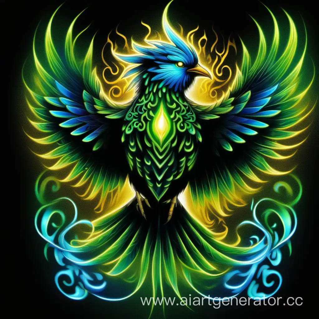 digital painting of a bird on a black background, green neon details, phoenix flame, three-dimensional image, tattoo stencil, golden edges and fractals, ability image, and the artist used a bright image, avatar image, smoothed, blue image, green: 0.5, 2D image