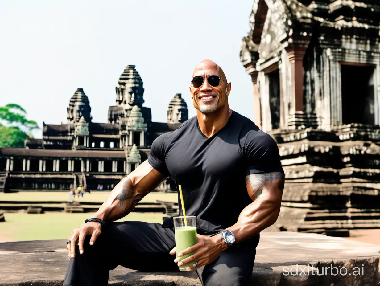 The Rock is sitting drinking smoothies. with Angkor Wat background view