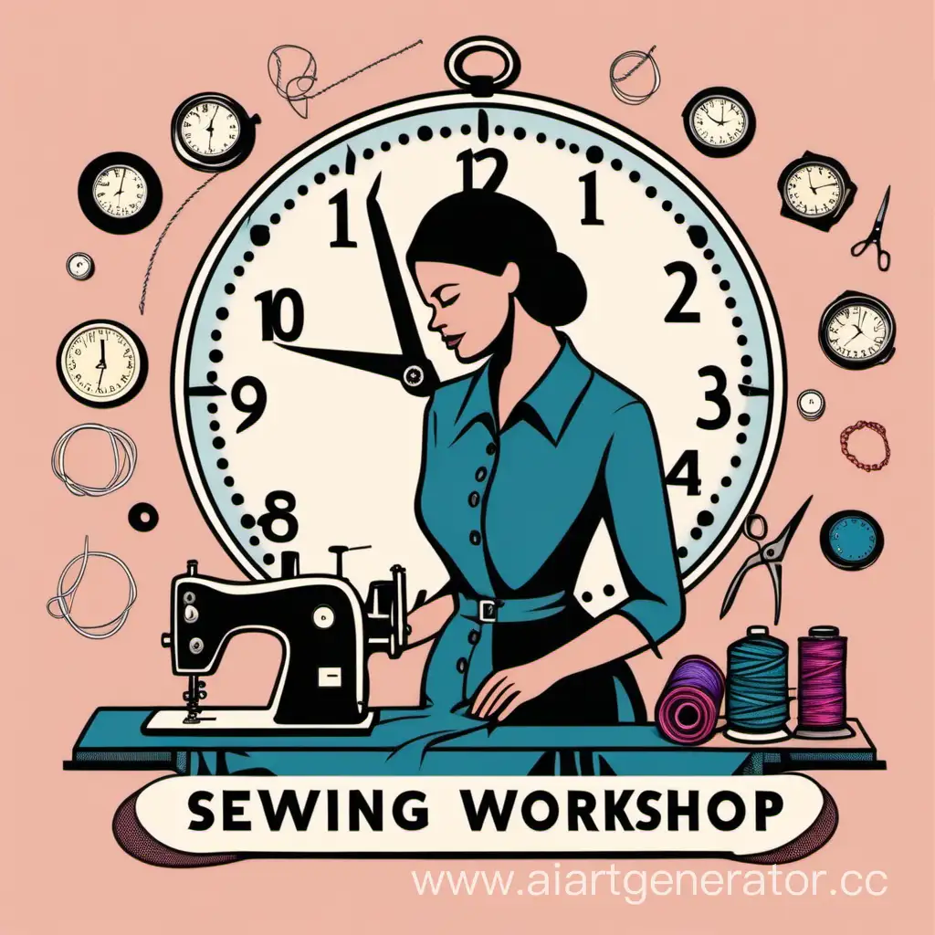 Логотип для швейной мастерской, где женщина смотрит на часы а вокруг нитки иголки ножницы манекен швейная машина 