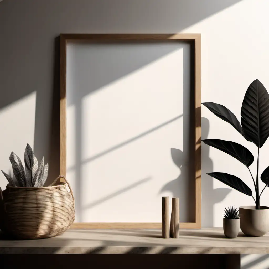 photo realistic of thin wooden frame mockup, home decor interior, cozy boho living room, 4K, natural lighting, window shadow overlay, scandinavian style