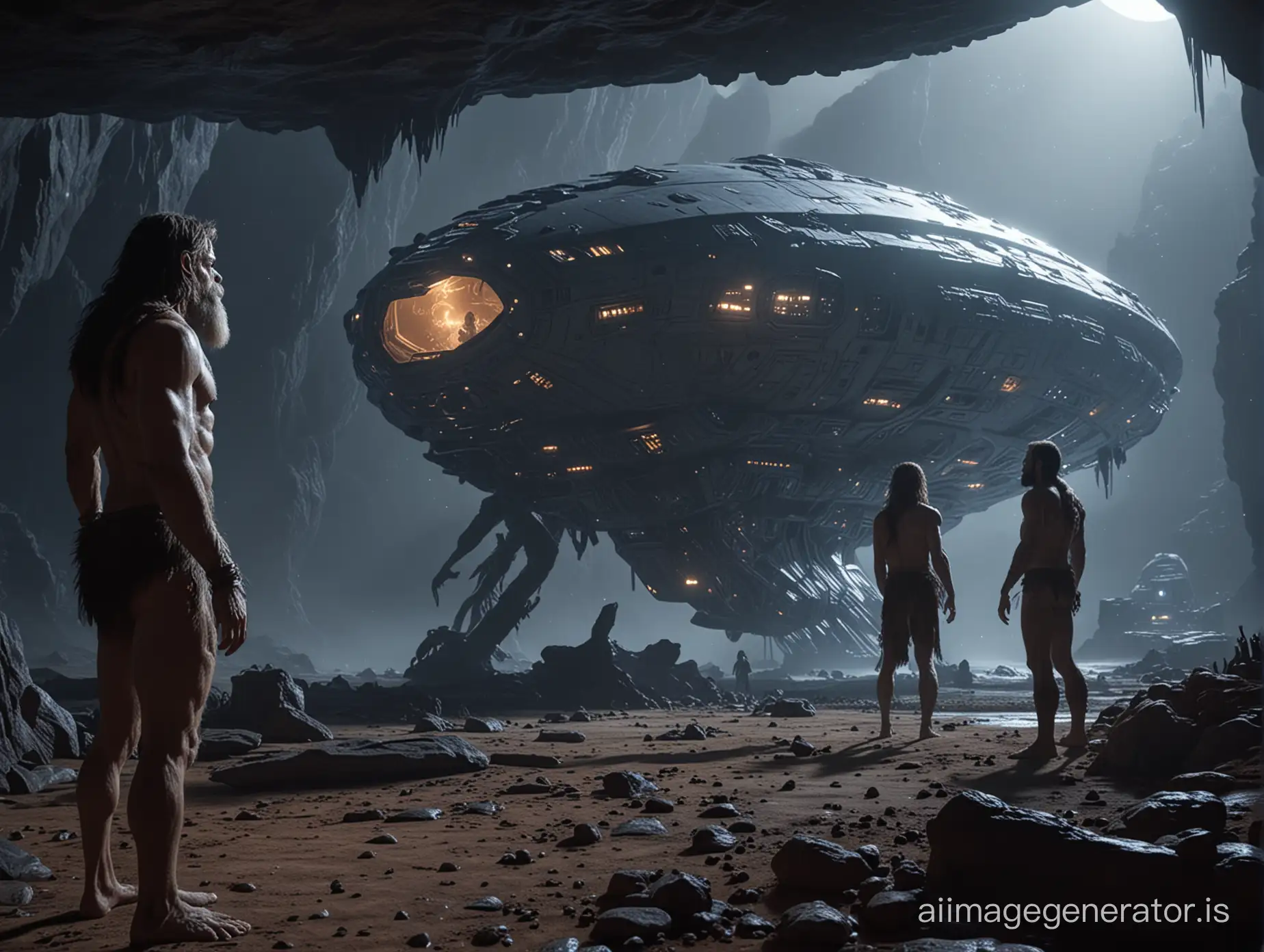 first contact between cavemen and an alien spaceship, photorealistic, highly detailed, cinematic lighting, UHD, 8K