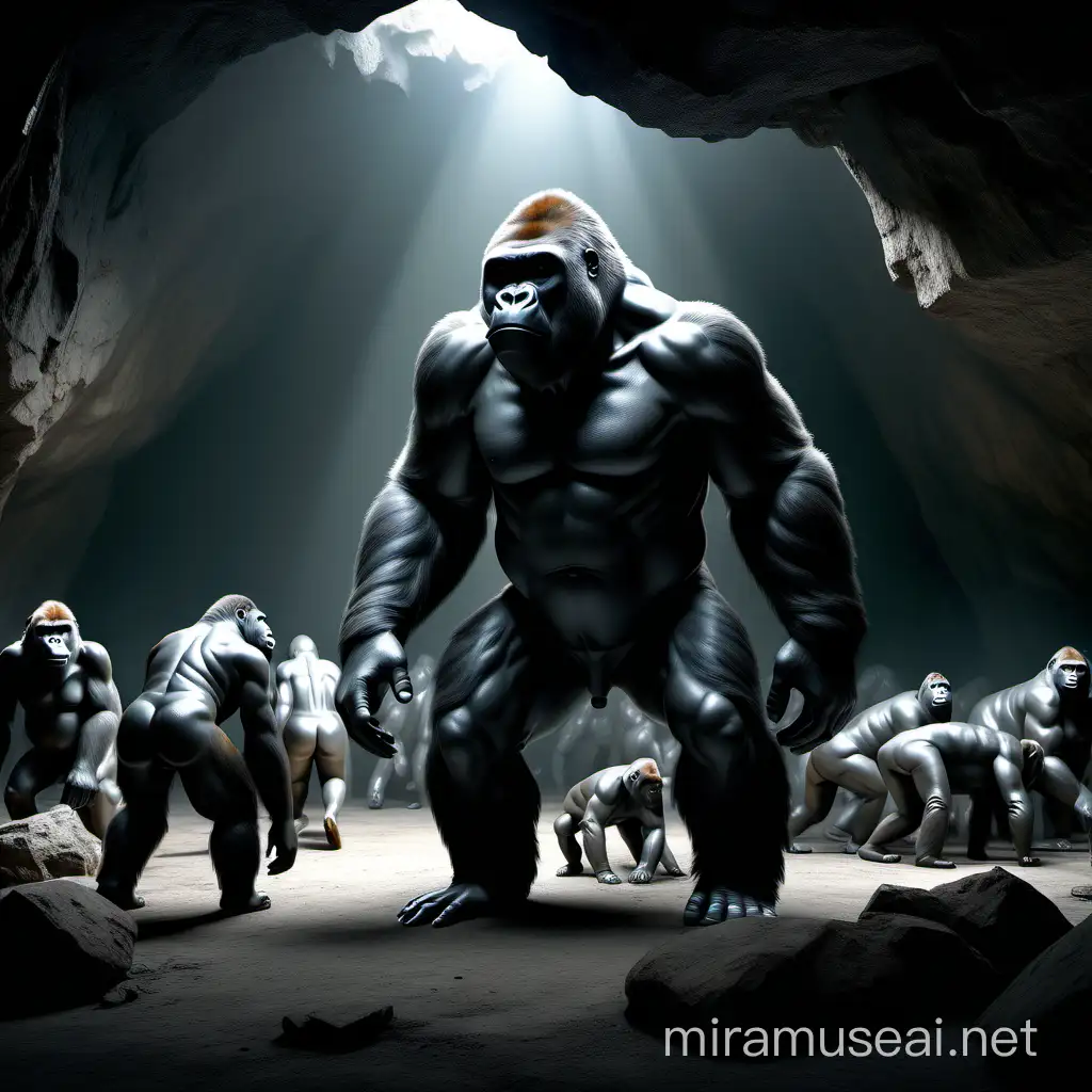 Amazing 3D rendering by a skilled sculptor, people discovered gorilla statues, a large number in the cave, Gorillas are made of white marble and 10 meters tall. dozens of workers are underfoot. The world echoes in the background. Dark scene. A well-composed image contains great lights and cinematic elements that create a sense of realism and live action. Ultra realistic and highly detailed photography has a sharp emphasis on an intense dark expression. , resembles a scene from a dystopian film., photo, film, cinematograph, photo, cinematic