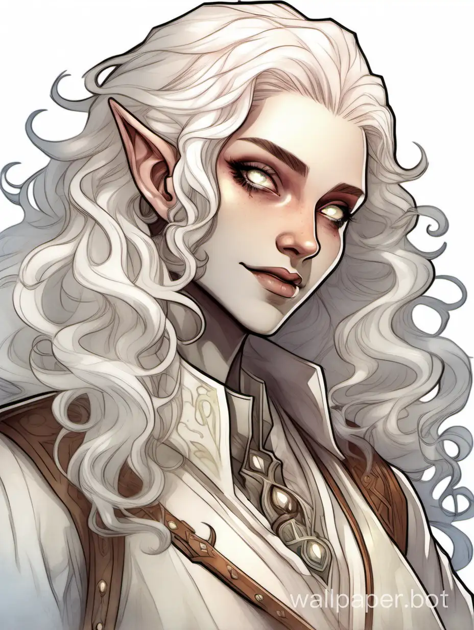 a D&D bard, dnd changeling, a changeling from dungeons and dragons, thin, slender, translucent ((pale white skin)), (wavy curly long white hair), ((glowing white eyes)), androgynous, flamboyant, nonbinary, pale body, lithe, pointed ears, almond shape eyes, charismatic, (bard adventurer clothes), epic, portrait, poster, humanoid, friendly, pretty, character bust, wearing clothes, entertainer, performer, clean, baggy sleeves,  waistcoat, straight slightly hooked nose, digital art, classic, watercolor, proportionate, anatomical, painting, shapeshifter, pretty face, white skin, all white grey inhuman, colorless skin, femboy