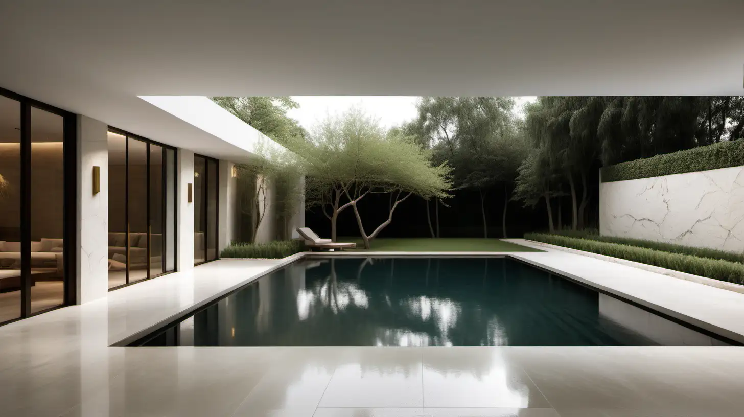 imagine a large minimalist organic home  swimming pool surrounded by sprawling gardens, ivory limewashed walls, brass lighting, walnut wood, limestone flooring, 
